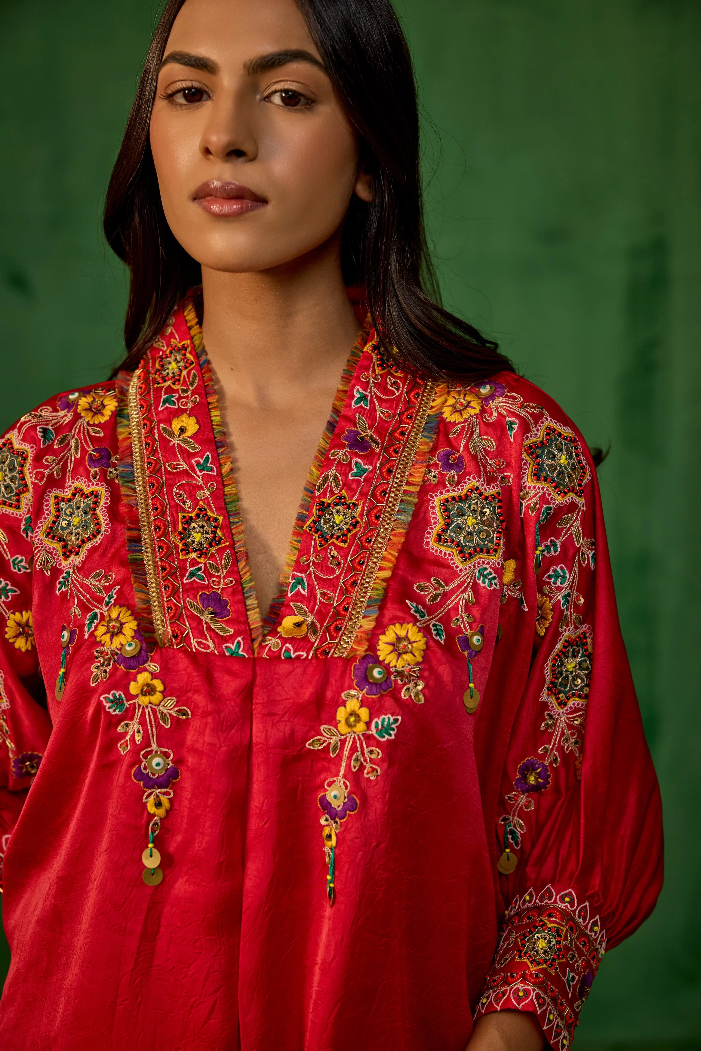 Premium Red Embroidered Crushed Silk Co-Ord Set - Image 3