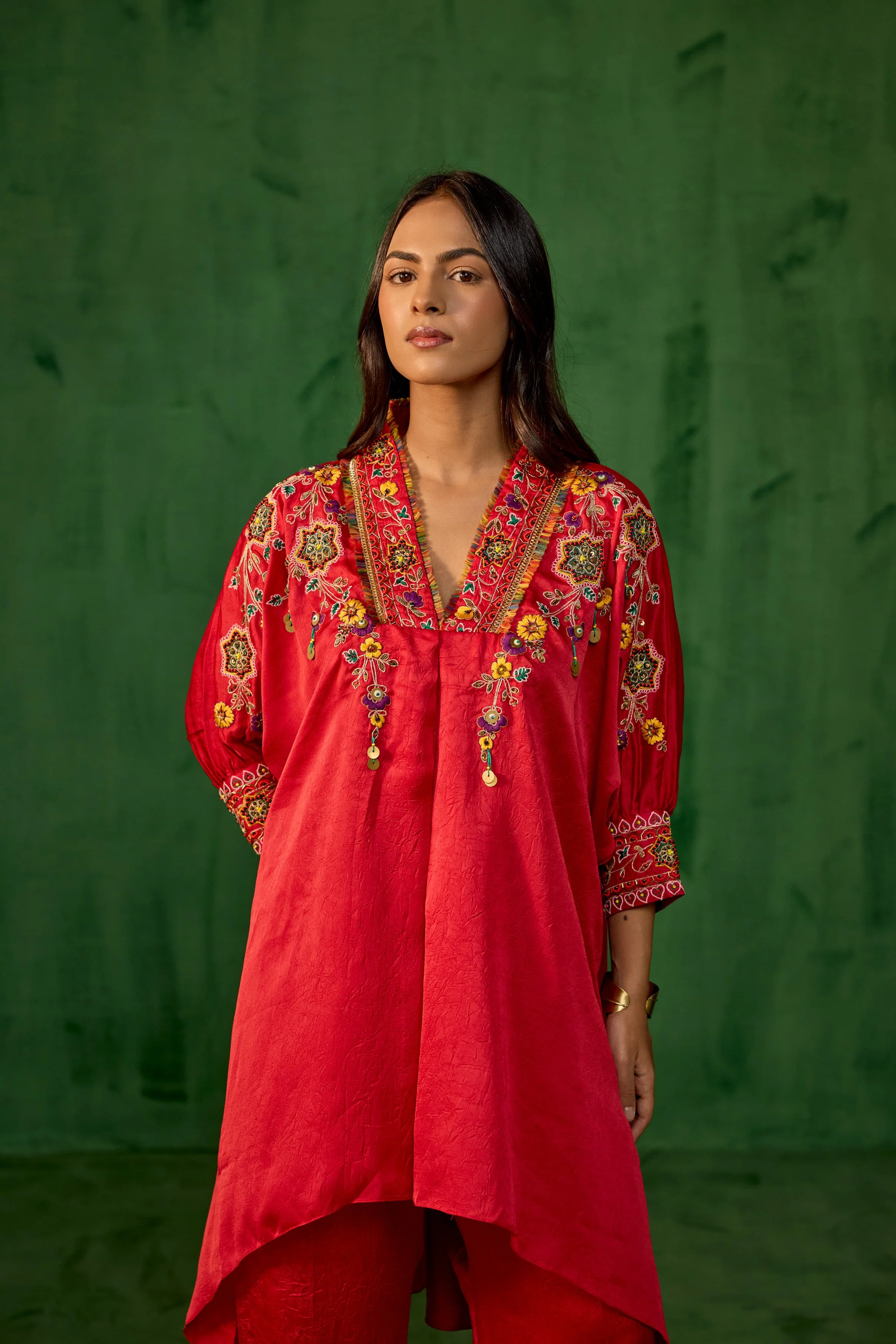 Premium Red Embroidered Crushed Silk Co-Ord Set - Image 4