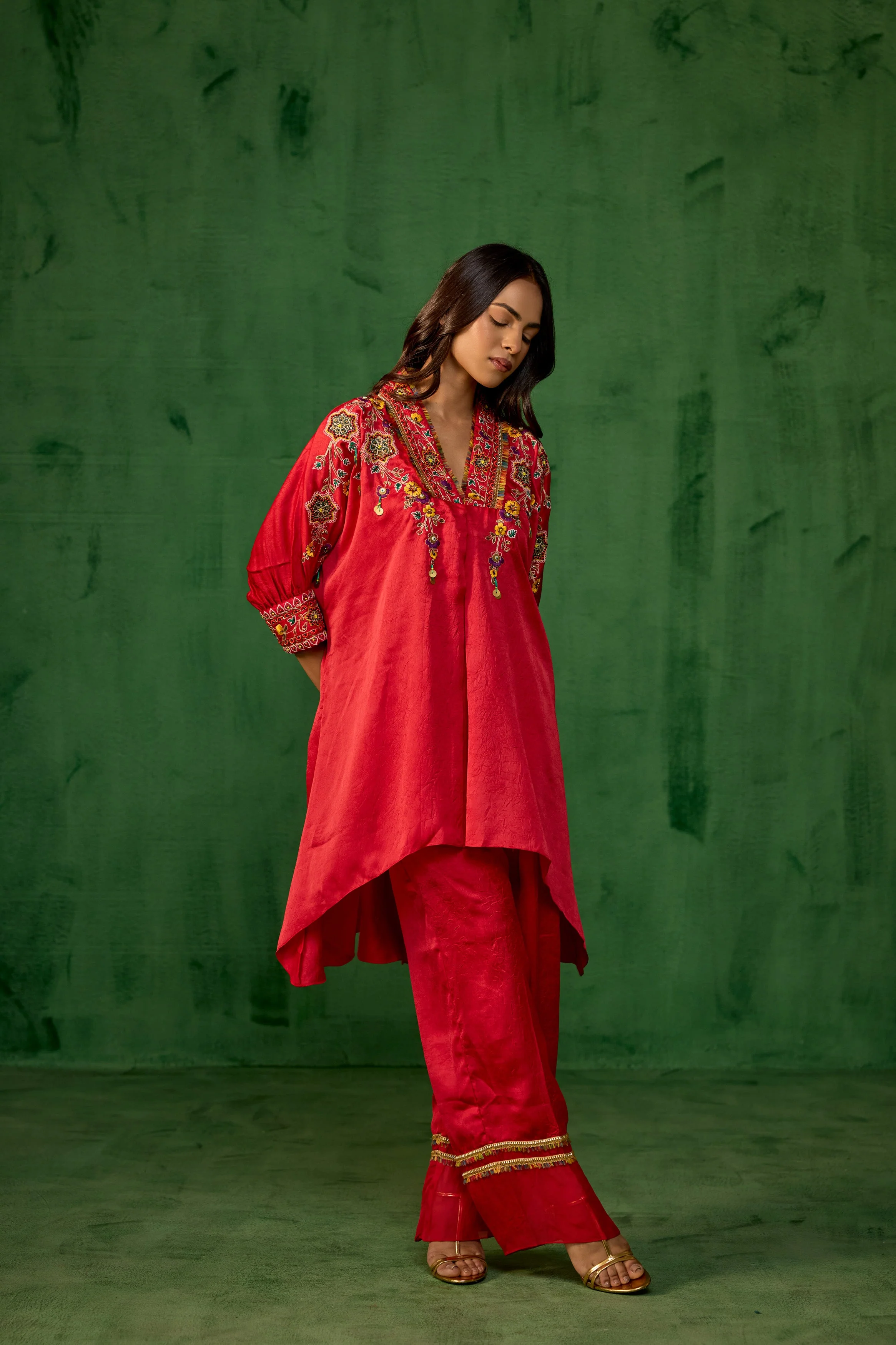 Premium Red Embroidered Crushed Silk Co-Ord Set - Image 5