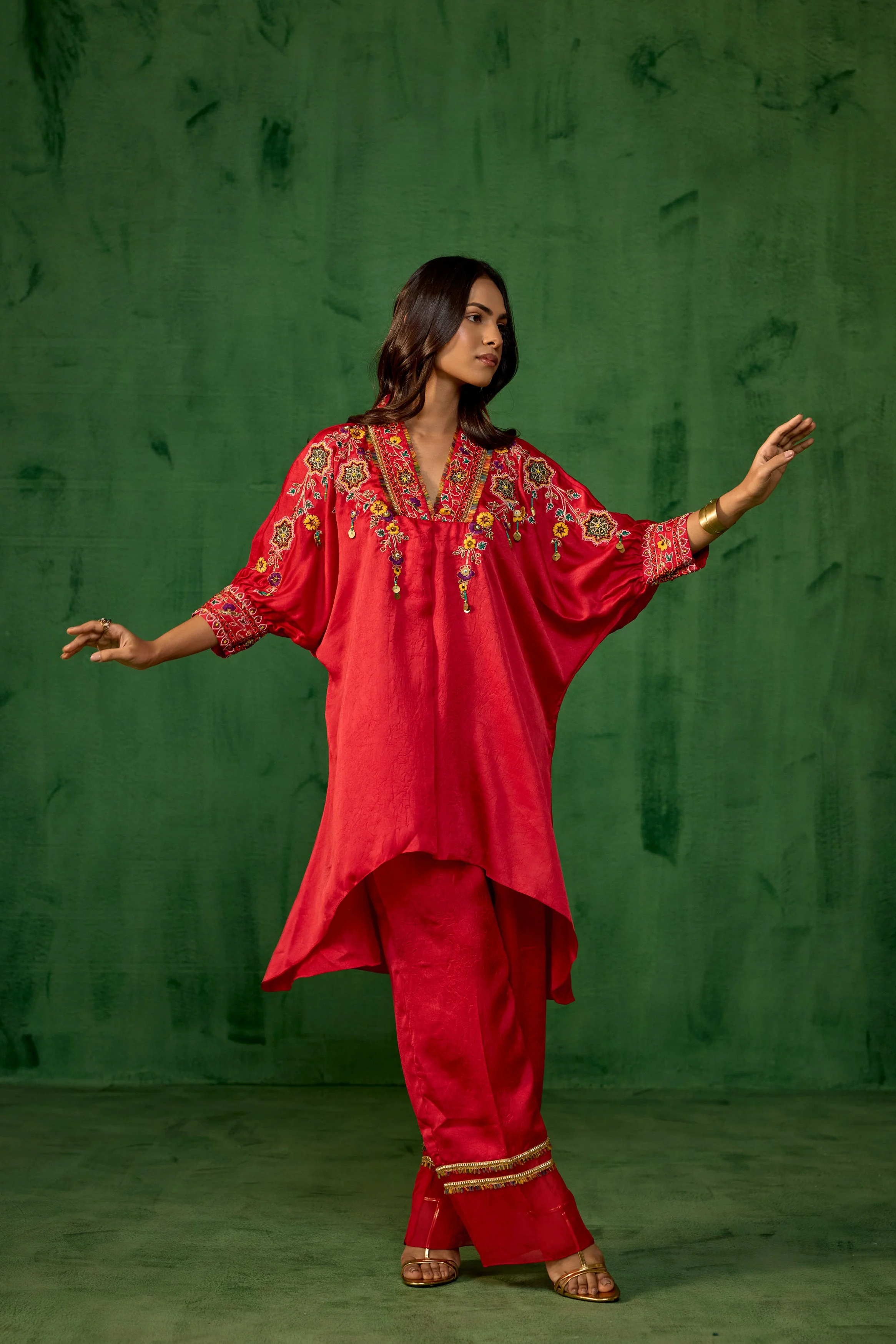 Premium Red Embroidered Crushed Silk Co-Ord Set - Image 6