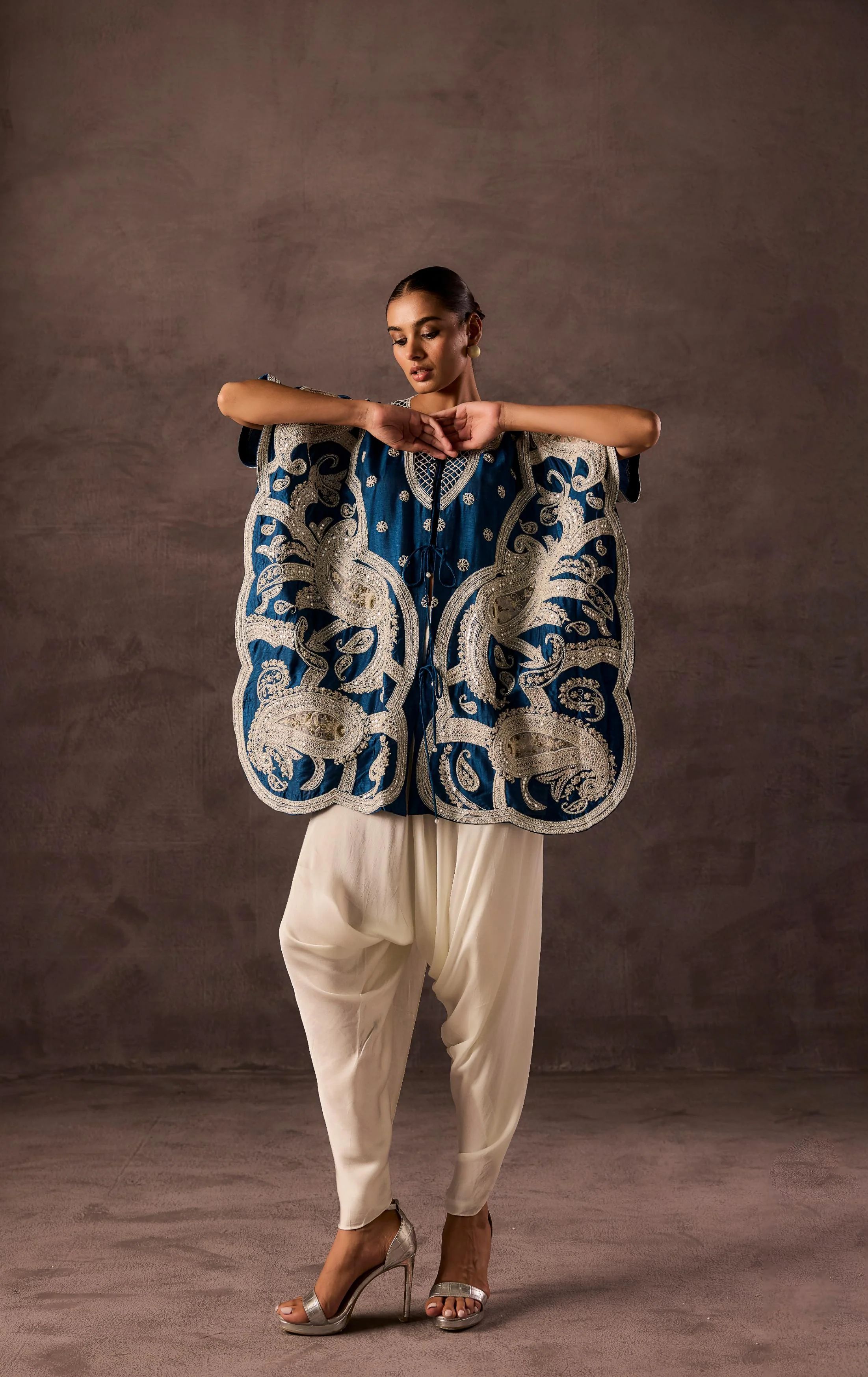 Teal Blue Embellished Premium Silk Dhoti Set - Image 4