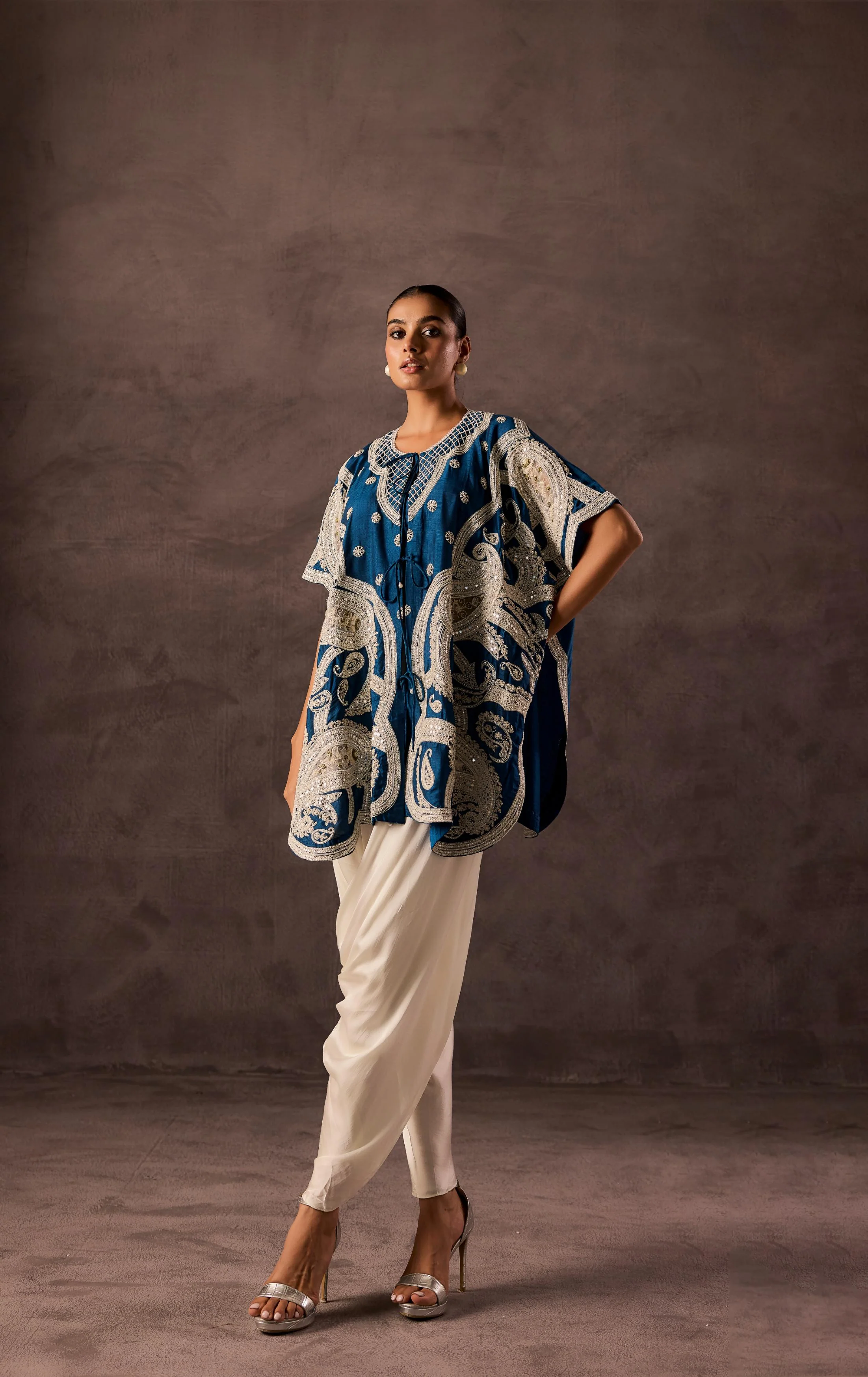 Teal Blue Embellished Premium Silk Dhoti Set - Image 5