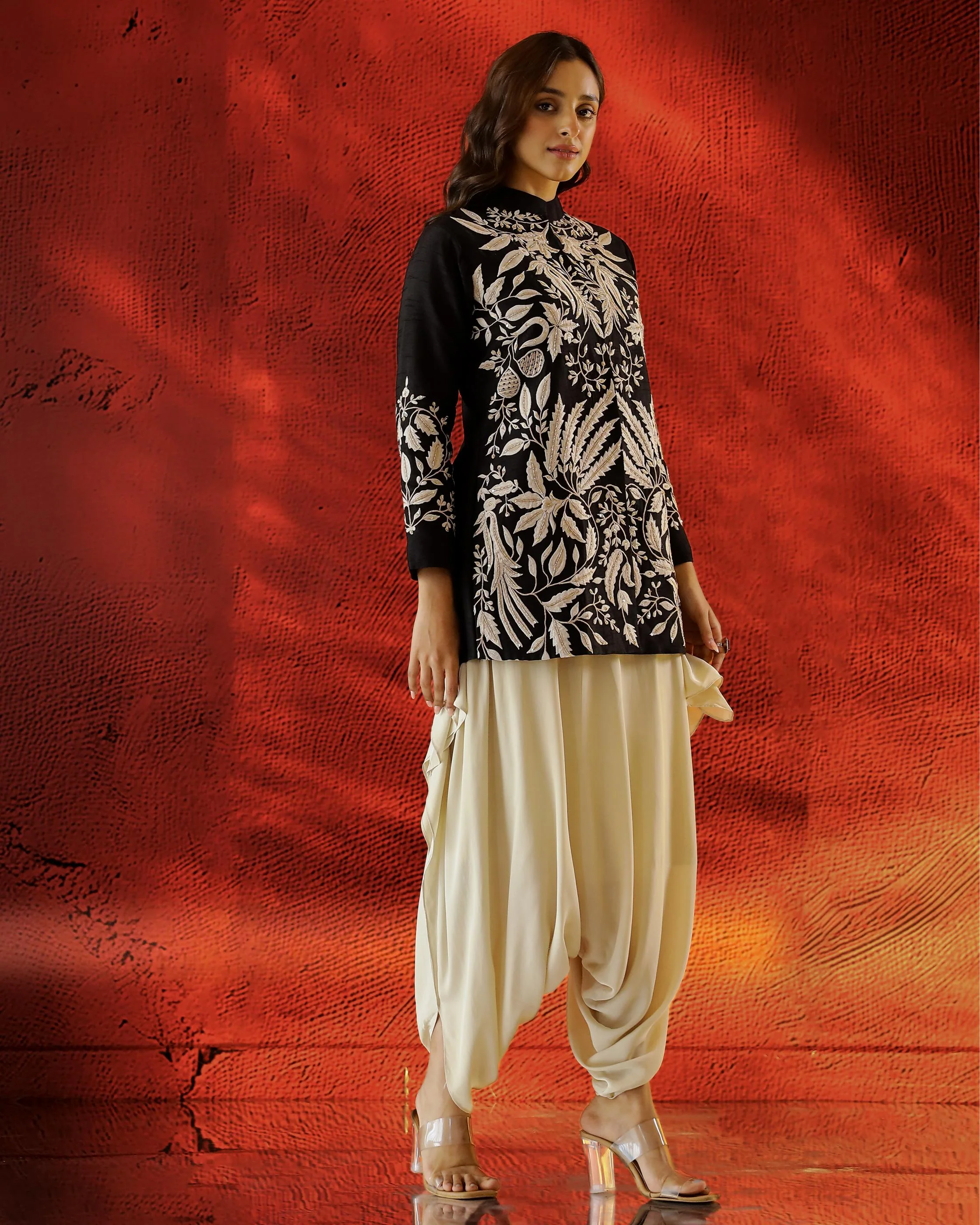 Classic Black Embroidered Raw Silk Jacket with Cowl Pants - Image 3