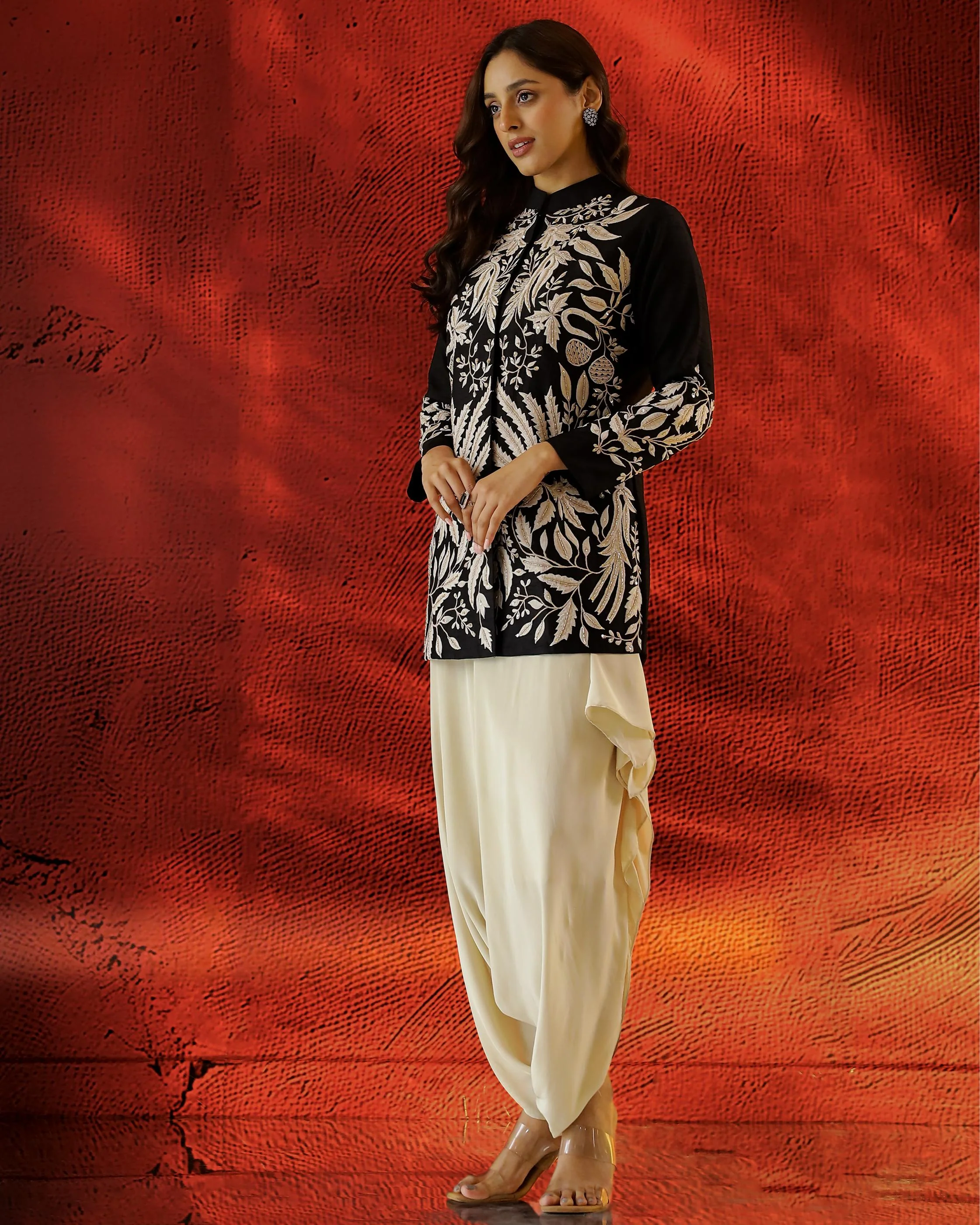 Classic Black Embroidered Raw Silk Jacket with Cowl Pants - Image 4