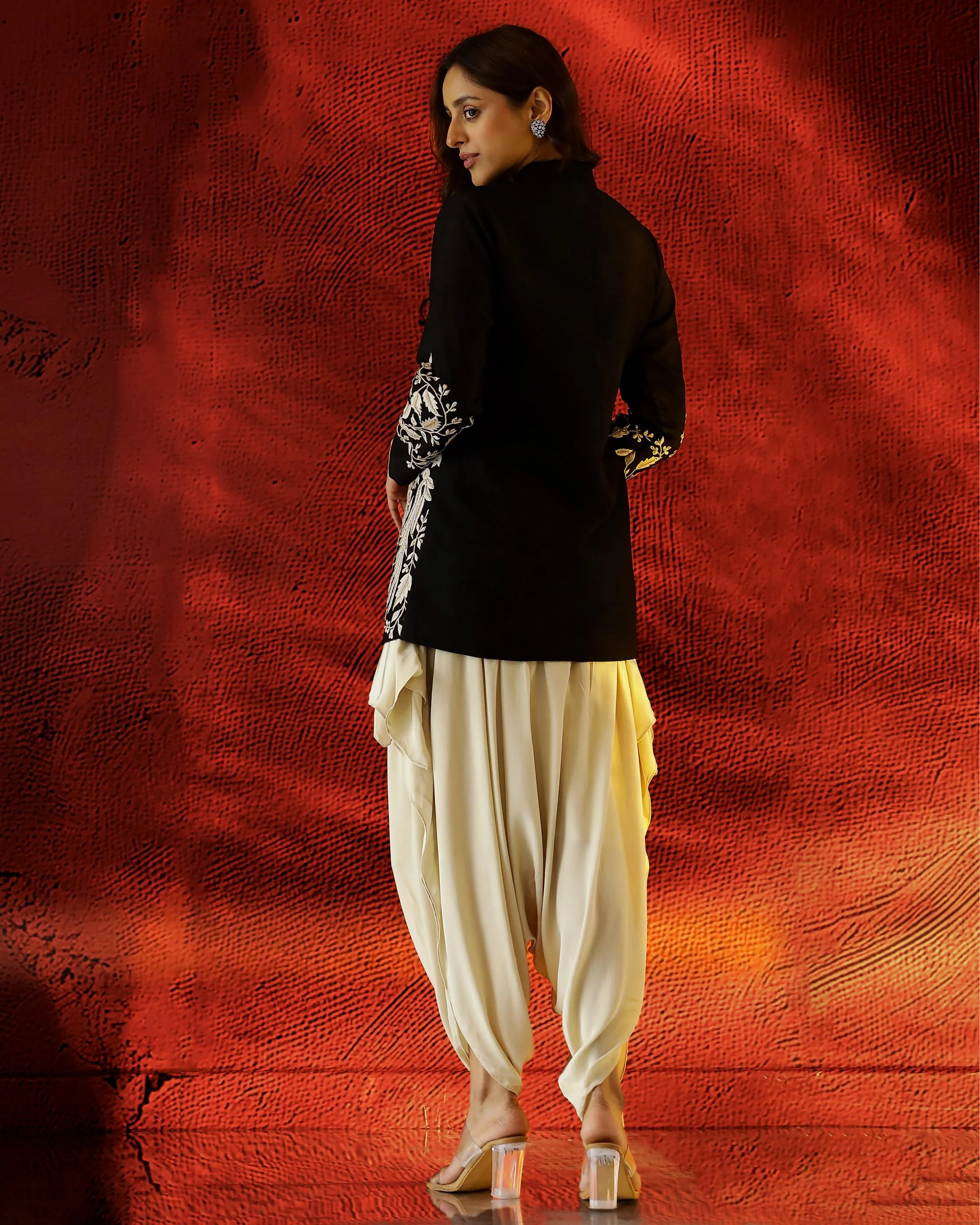 Classic Black Embroidered Raw Silk Jacket with Cowl Pants - Image 5