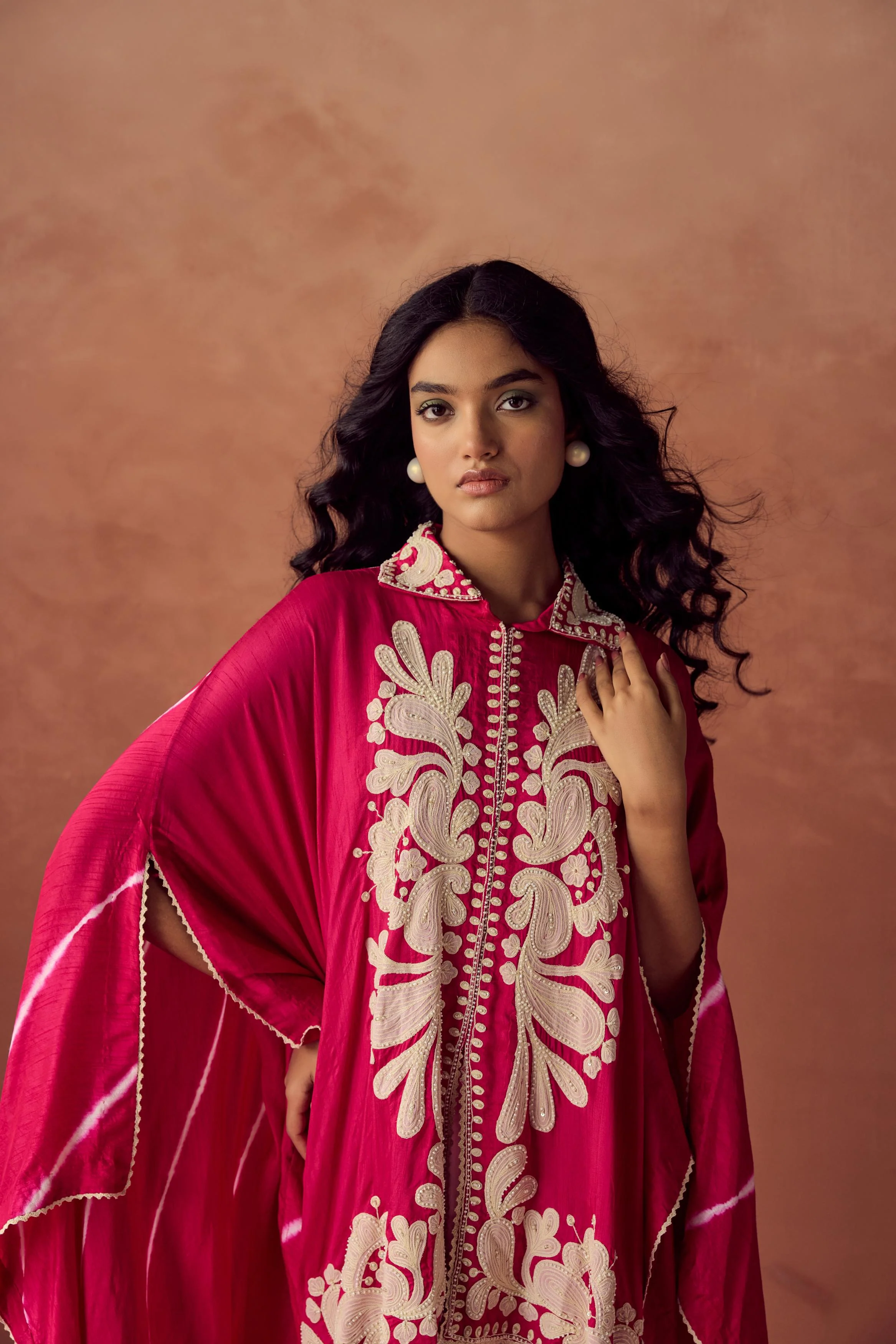 Rani Pink Embroidered Raw Silk Kaftan Set - Image 3