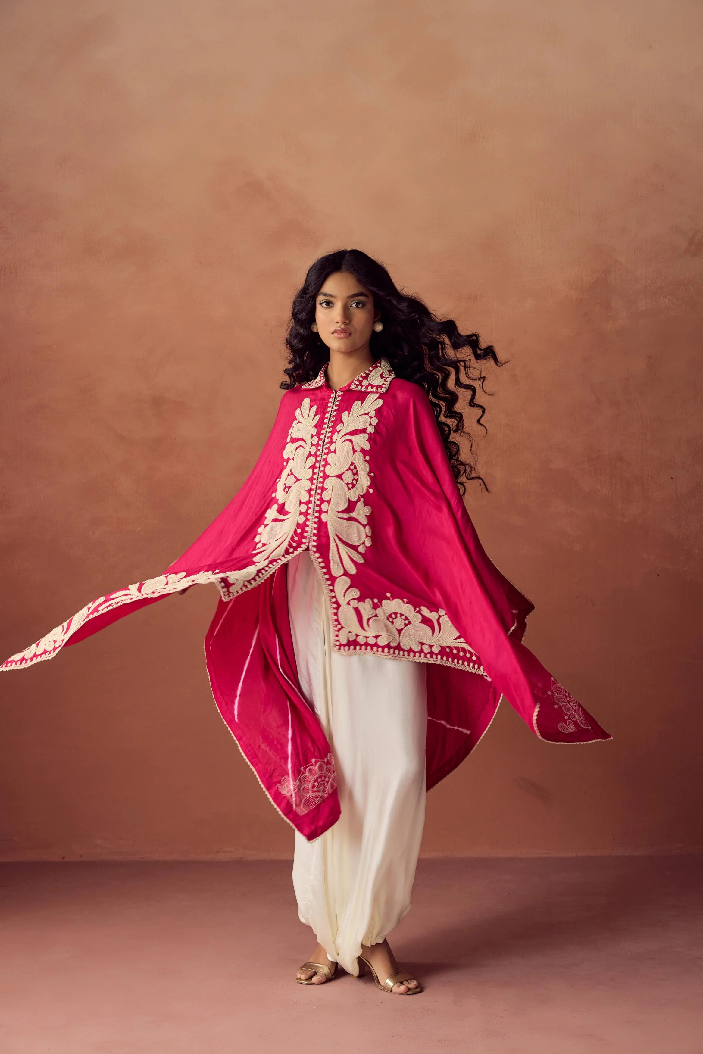 Rani Pink Embroidered Raw Silk Kaftan Set - Image 4