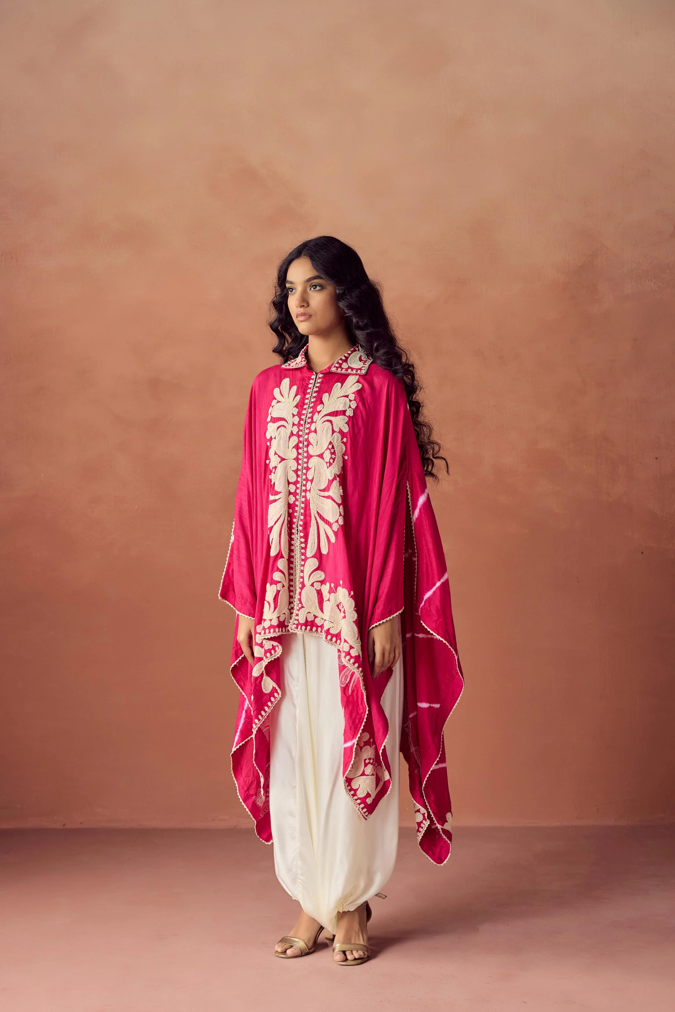 Rani Pink Embroidered Raw Silk Kaftan Set - Image 5