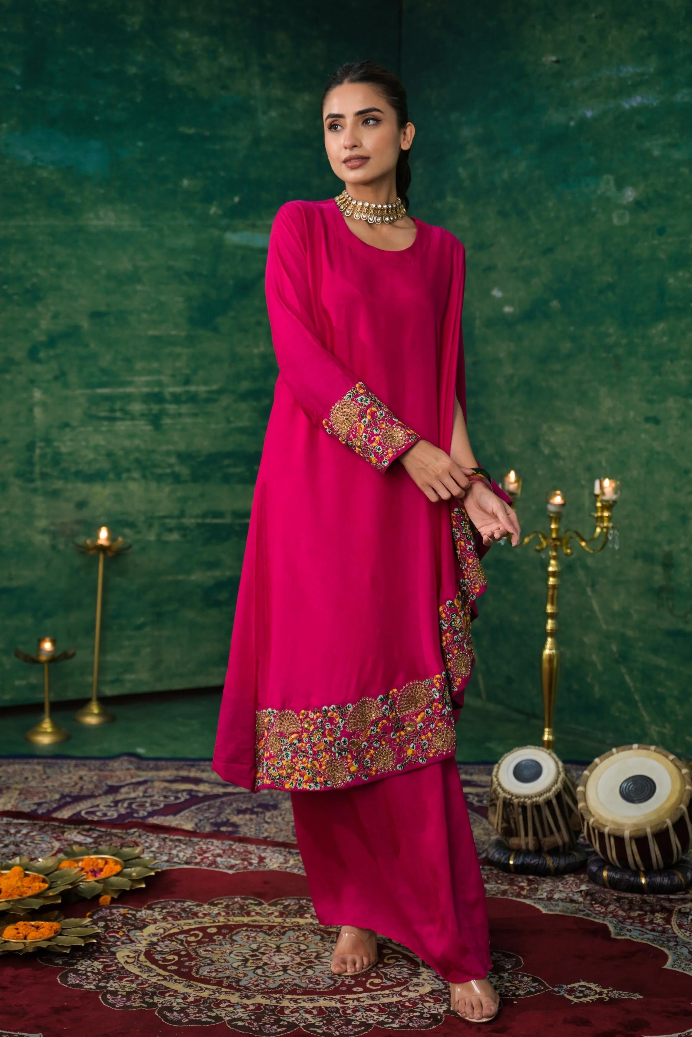 Rani Pink Embroidered Raw Silk Skirt Set - Image 3