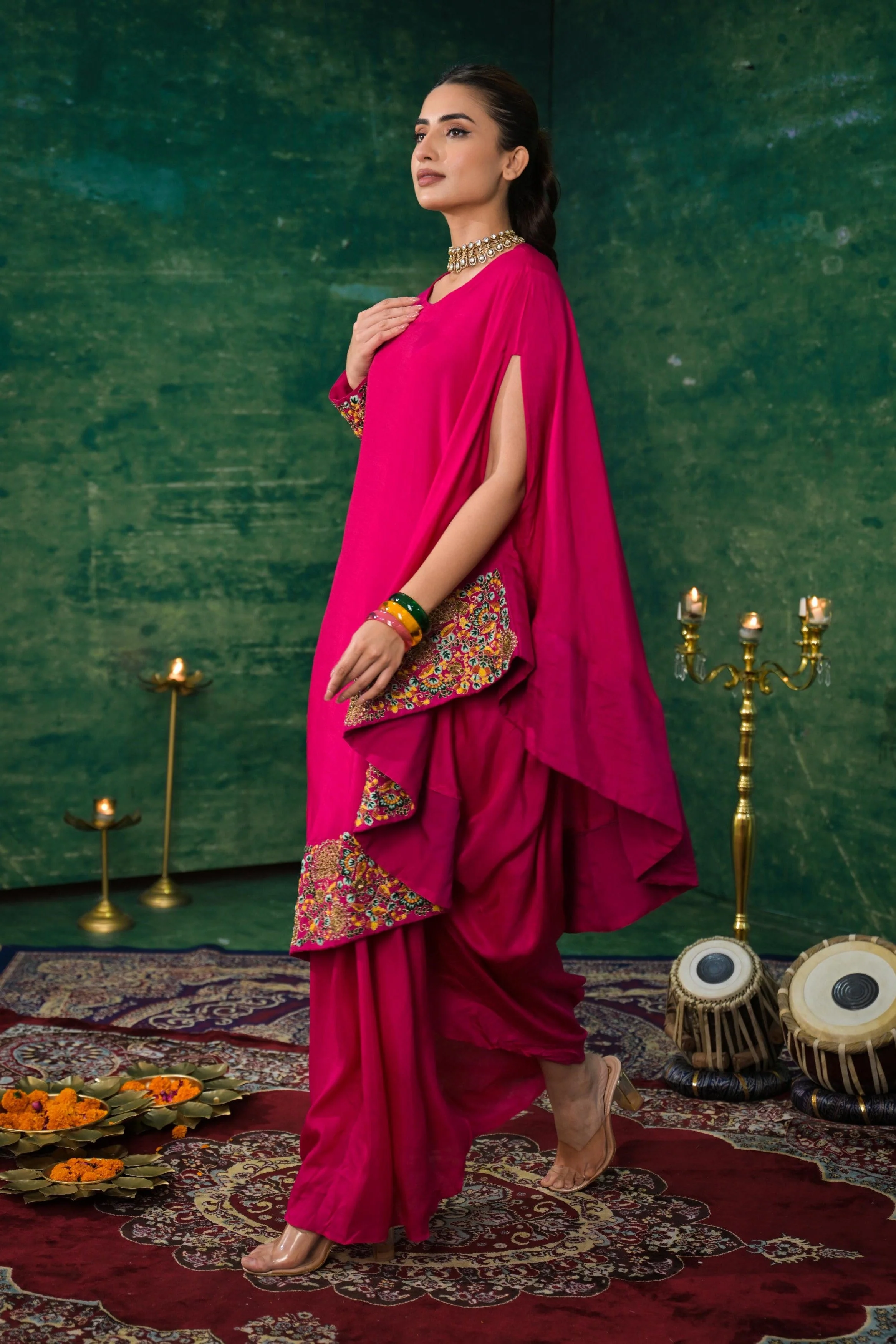 Rani Pink Embroidered Raw Silk Skirt Set - Image 4