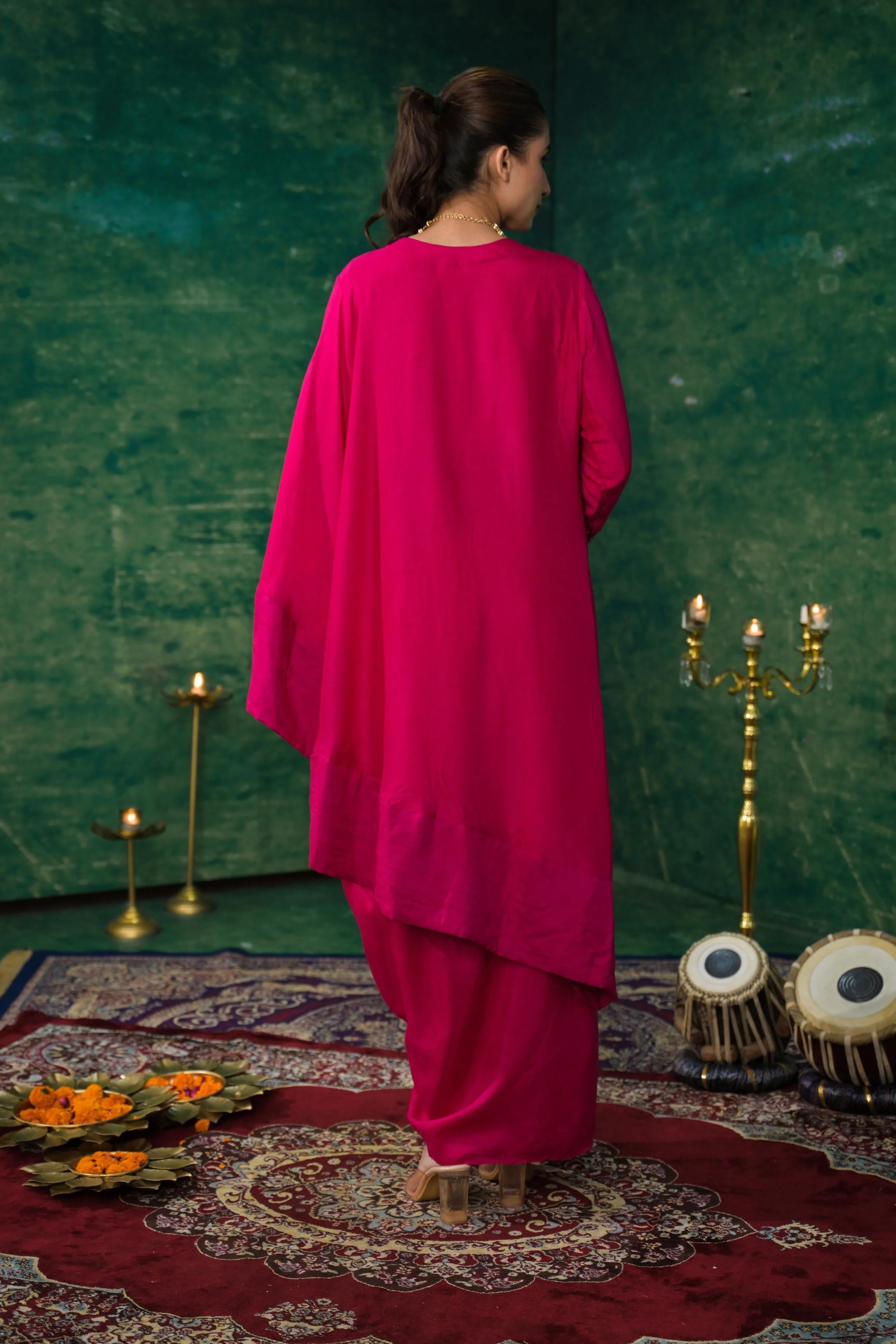 Rani Pink Embroidered Raw Silk Skirt Set - Image 5