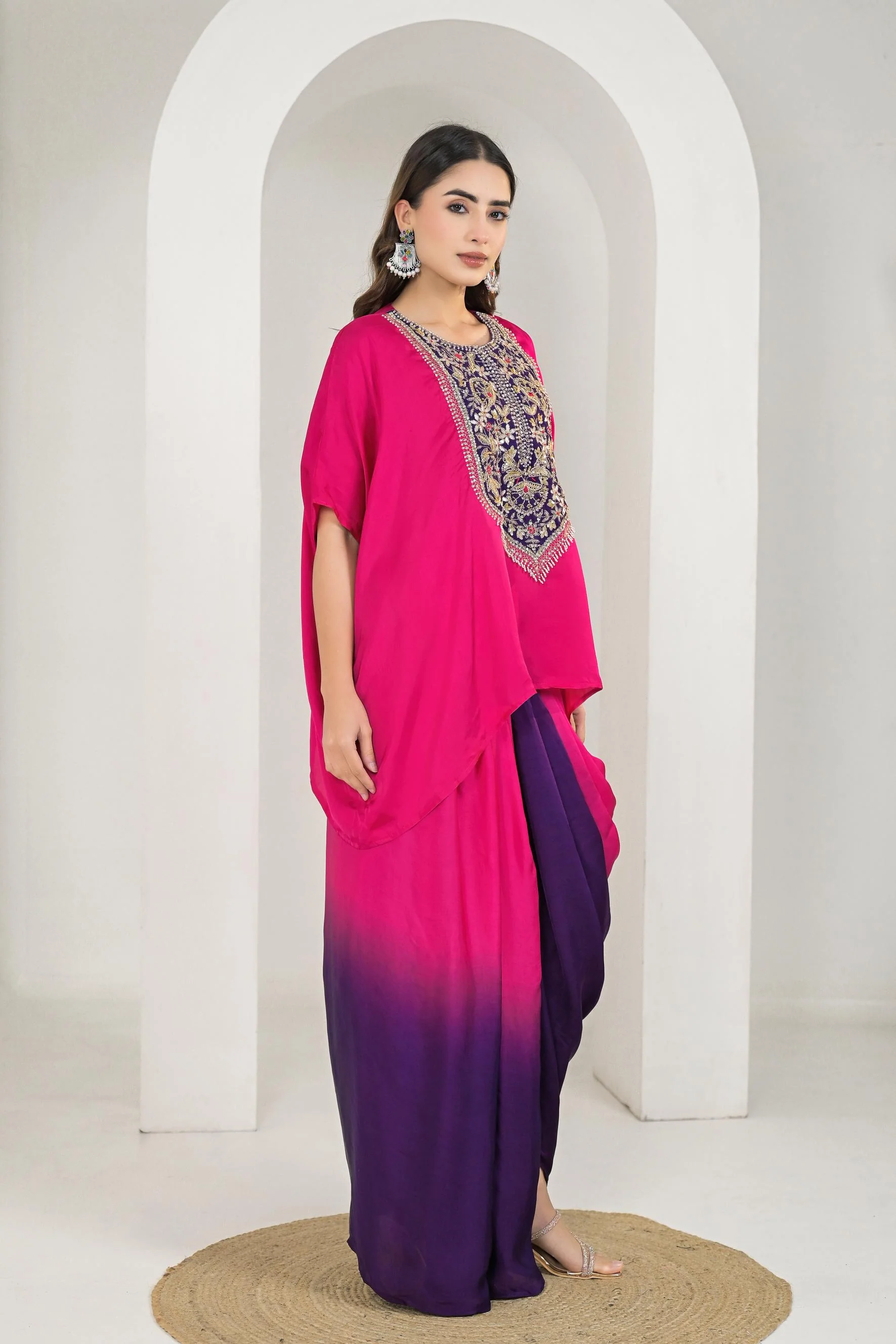Rani Pink Embroidered Satin Silk Kaftan Set - Image 3