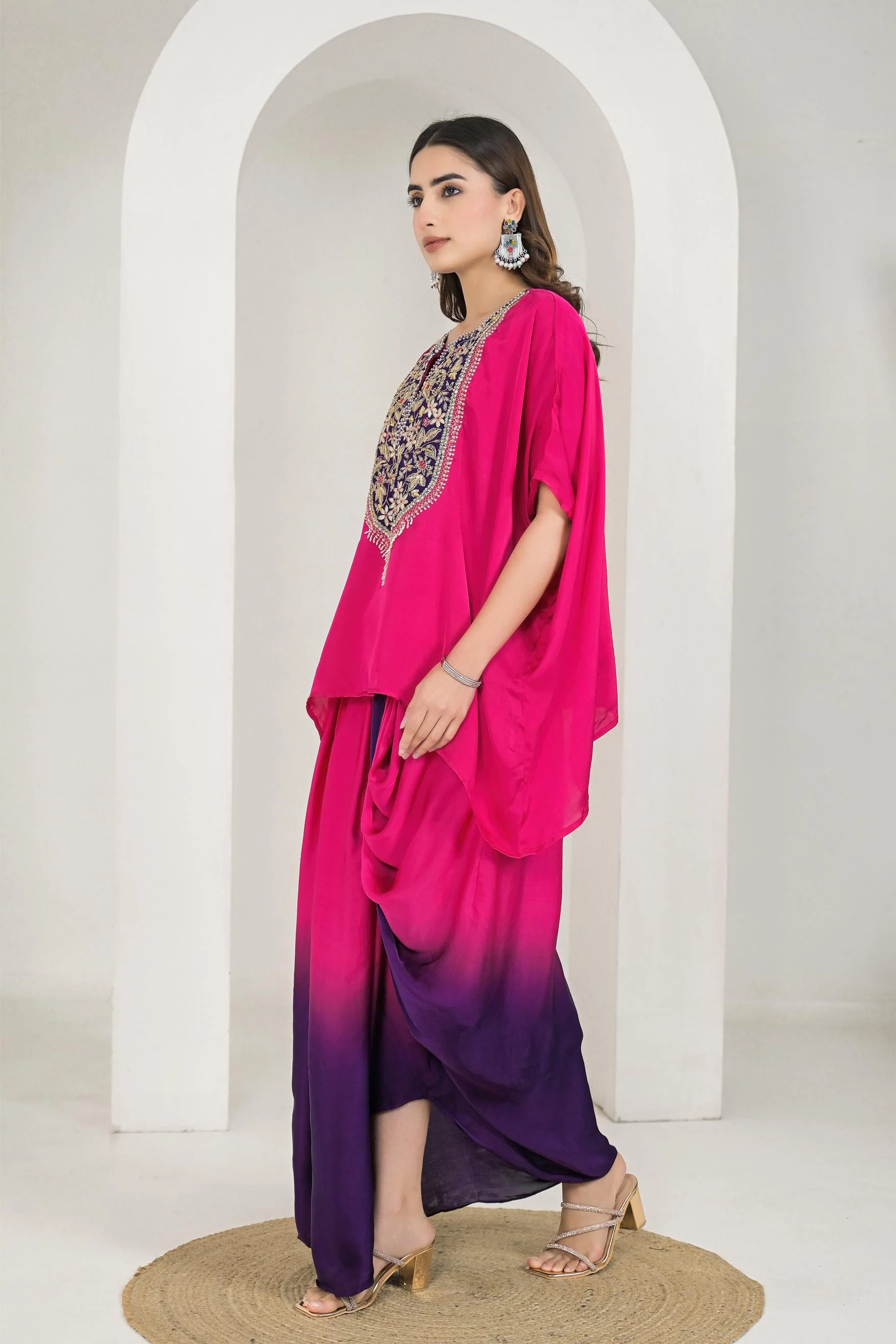 Rani Pink Embroidered Satin Silk Kaftan Set - Image 4