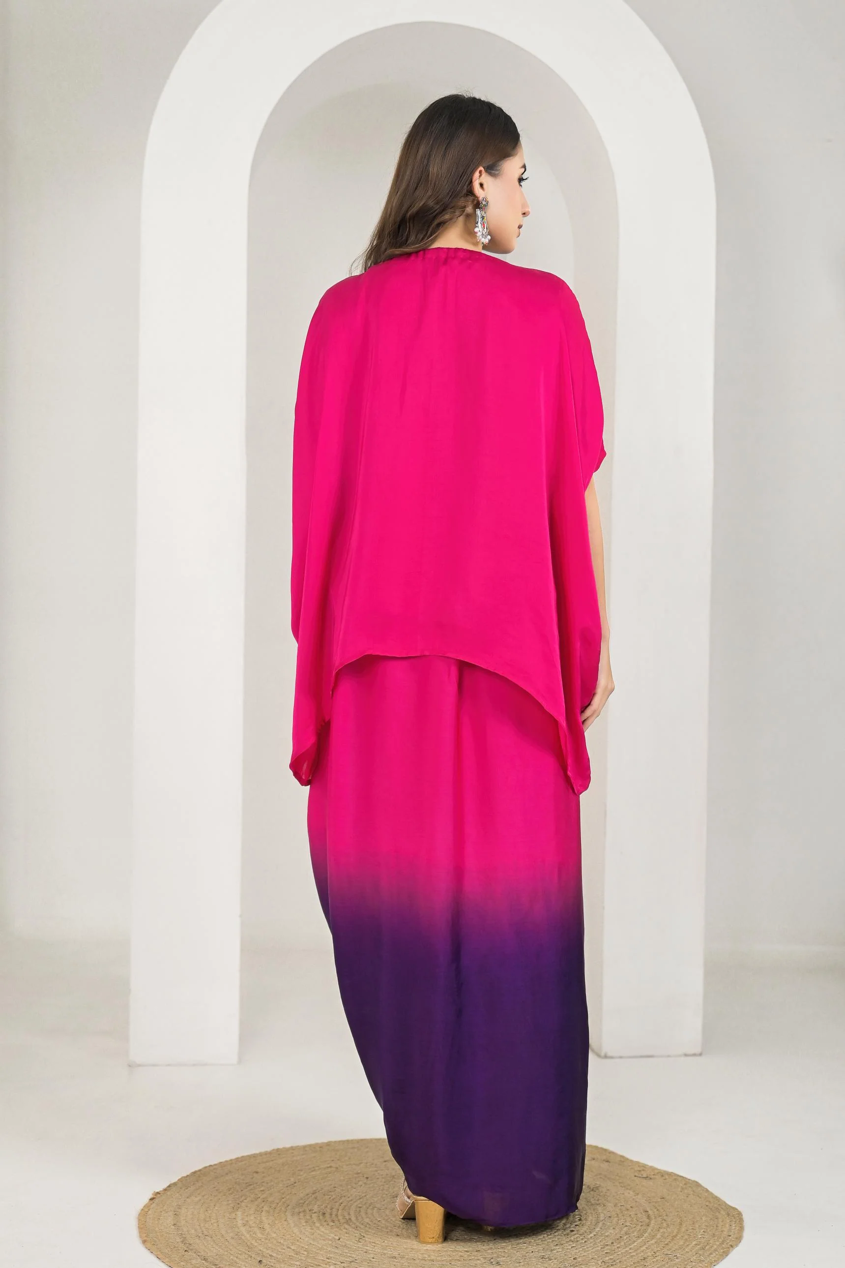 Rani Pink Embroidered Satin Silk Kaftan Set - Image 5