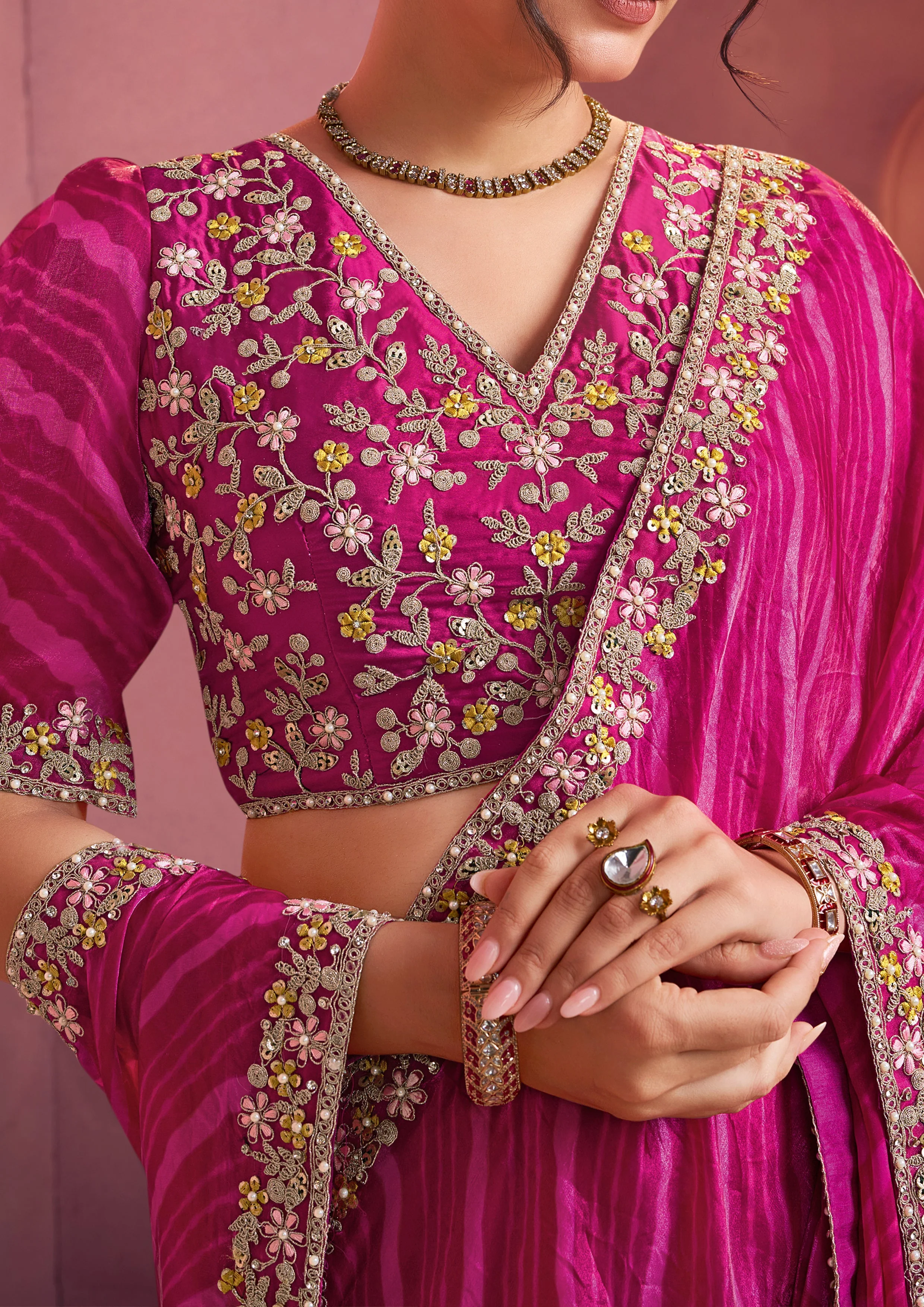 Rani Pink Embroidered Satin Silk Saree - Image 2