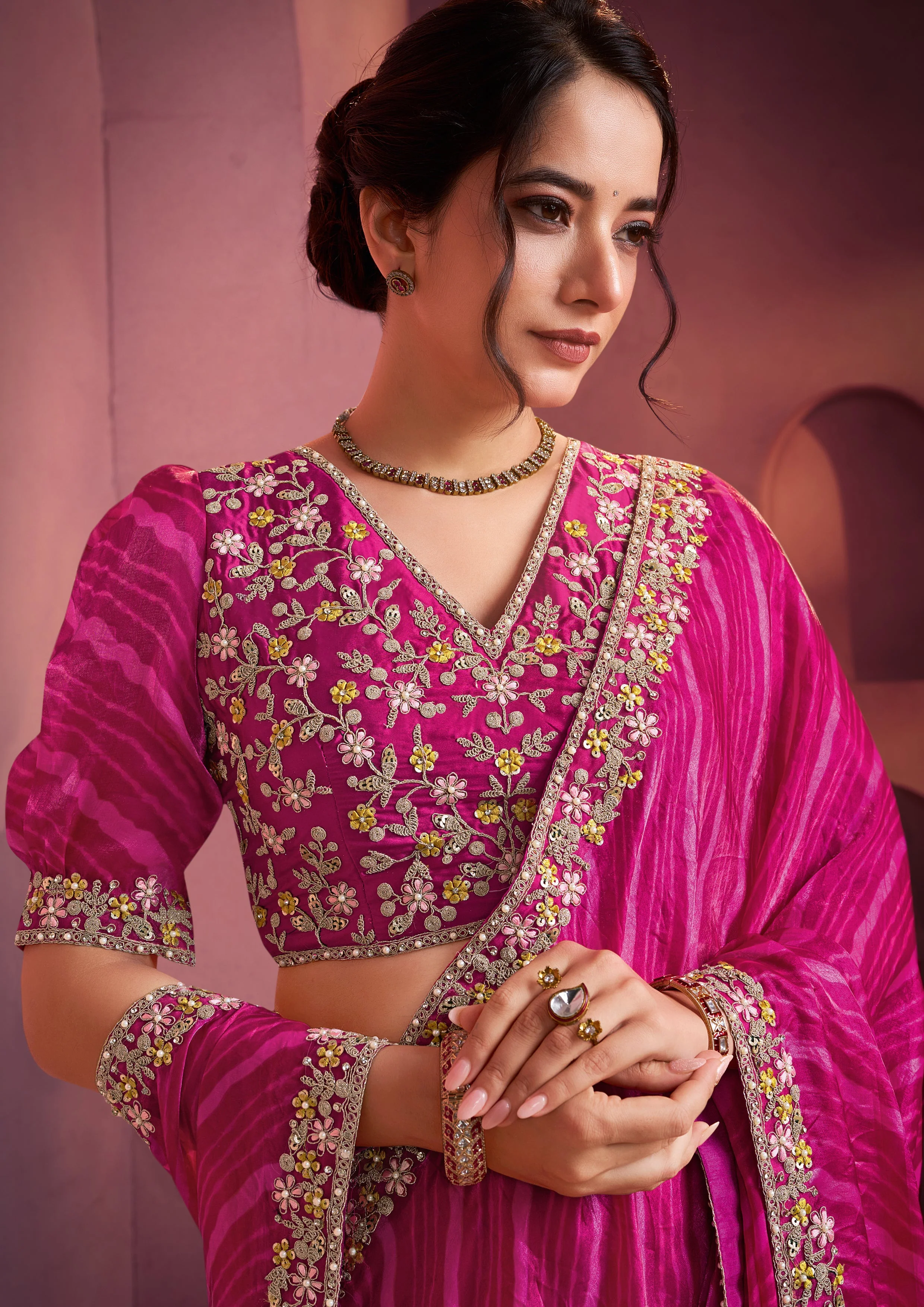 Rani Pink Embroidered Satin Silk Saree - Image 3