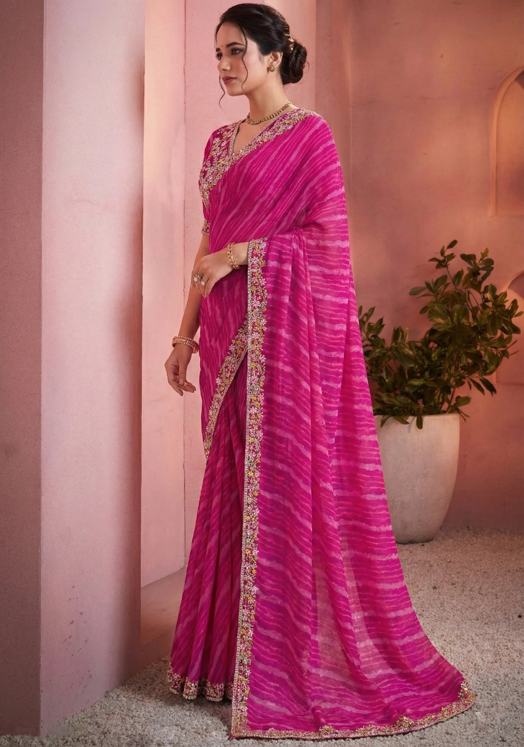 Rani Pink Embroidered Satin Silk Saree - Image 4