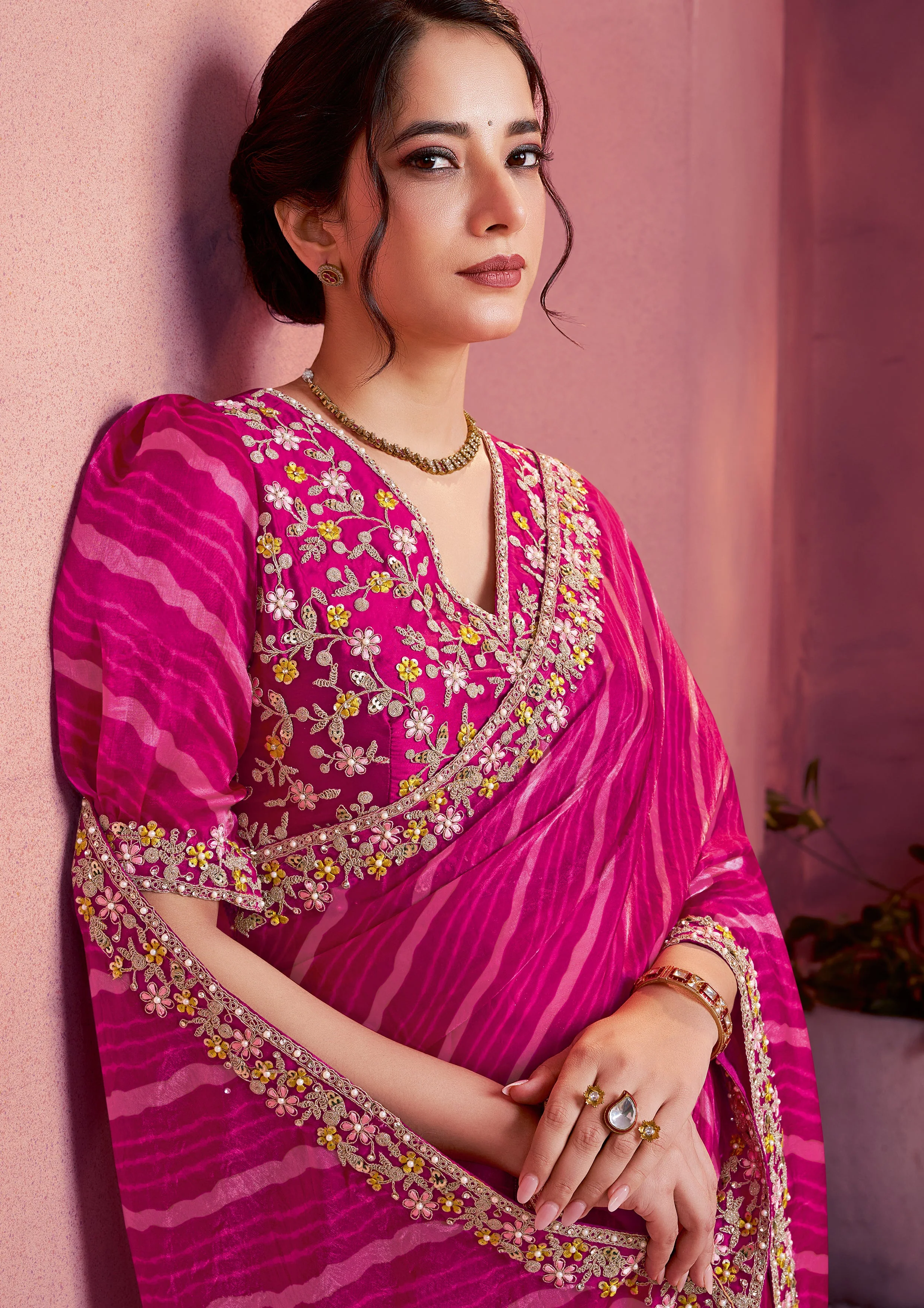 Rani Pink Embroidered Satin Silk Saree - Image 5