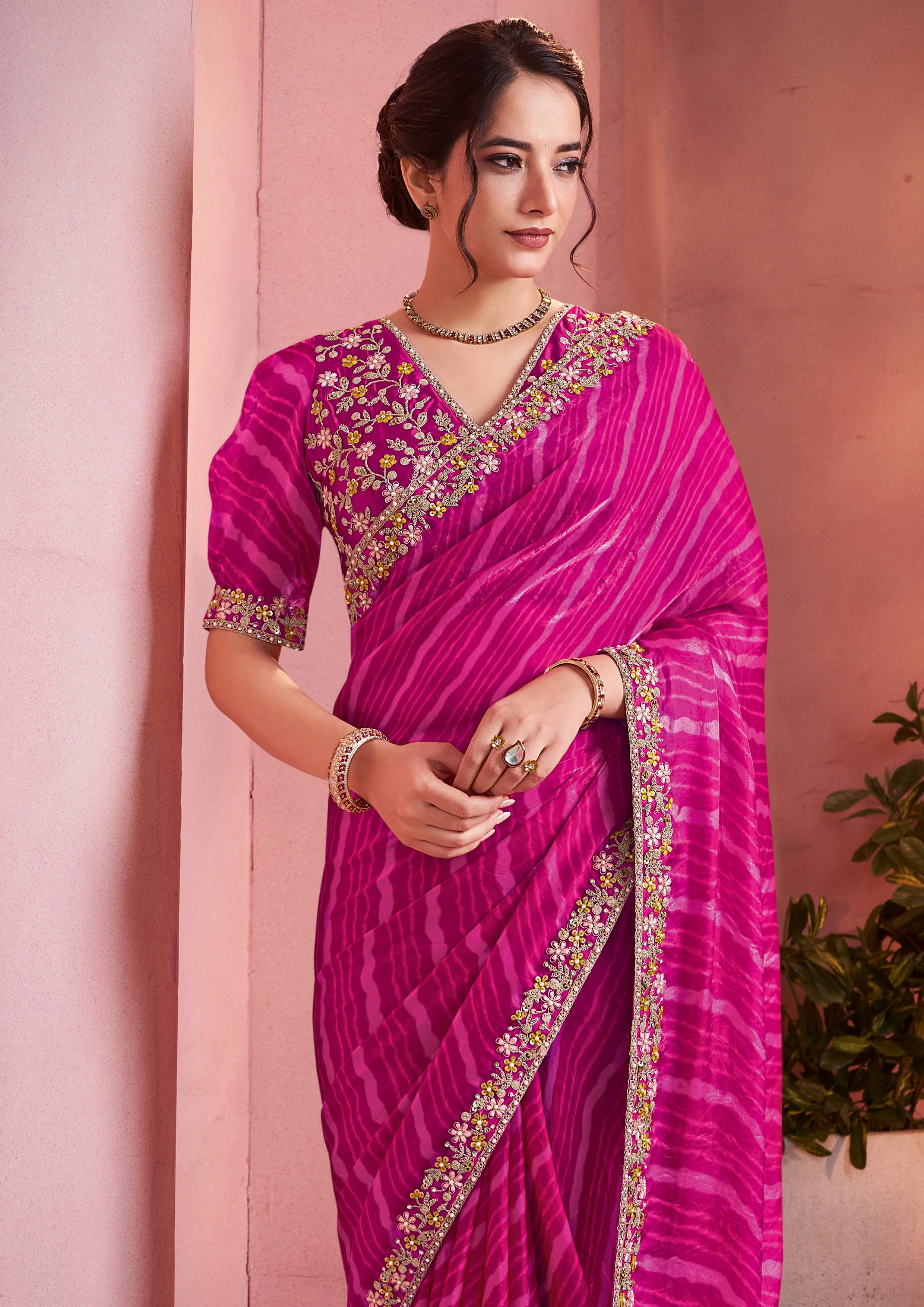 Rani Pink Embroidered Satin Silk Saree - Image 6