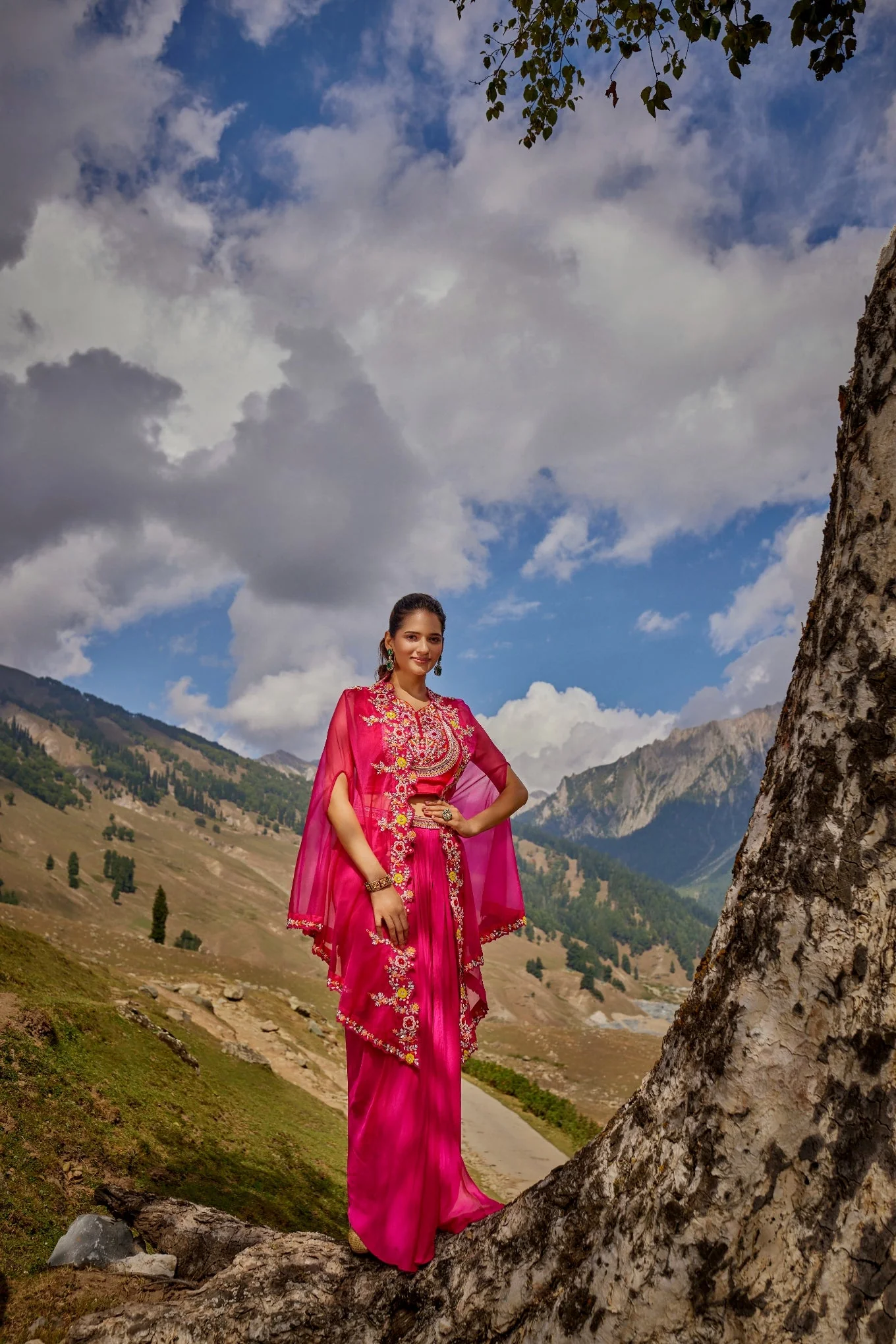 Rani Pink Embroidered Skirt Set with Cape - Image 2
