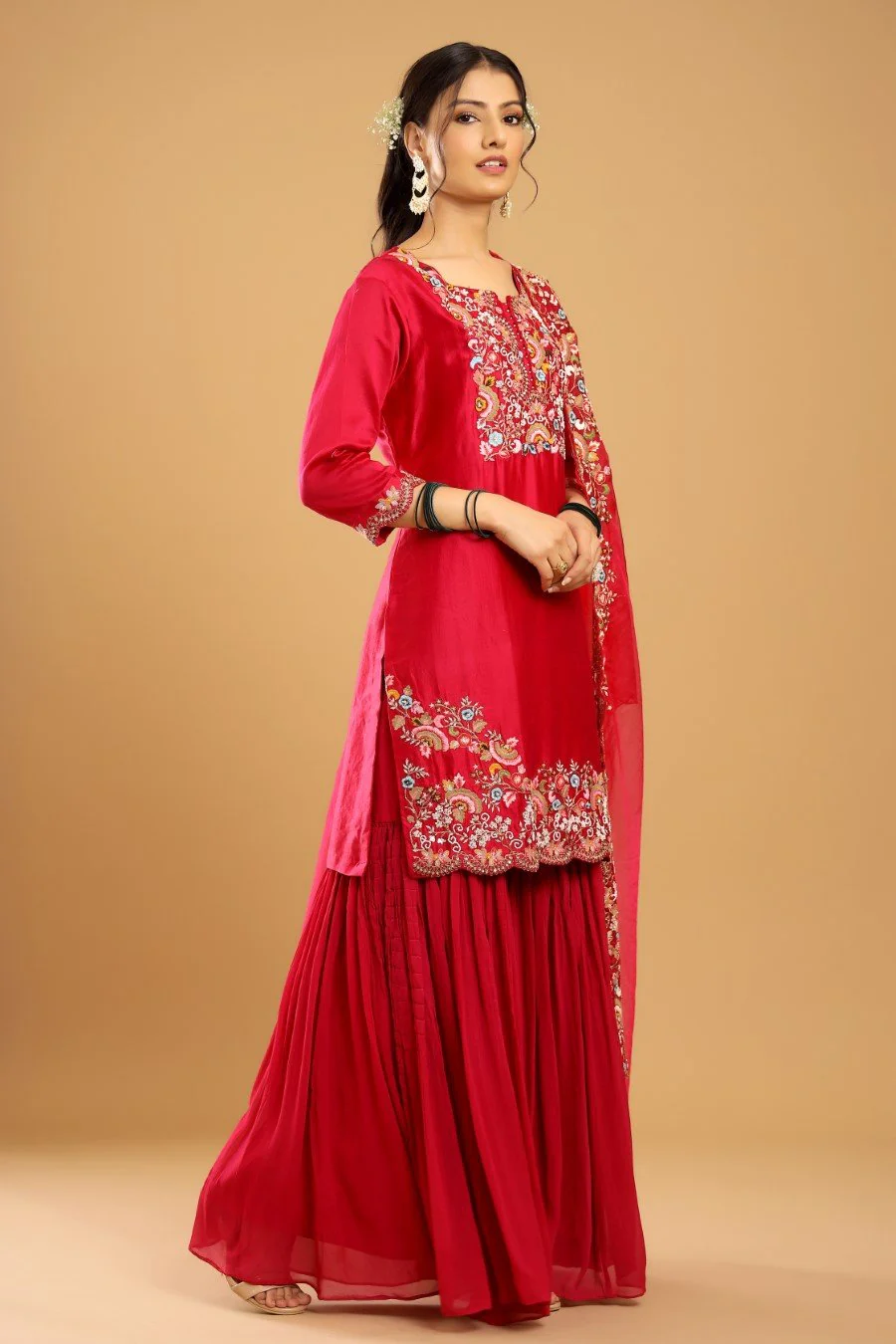 Rani Pink Modal Chanderi Embroidered Sharara Set - Image 3