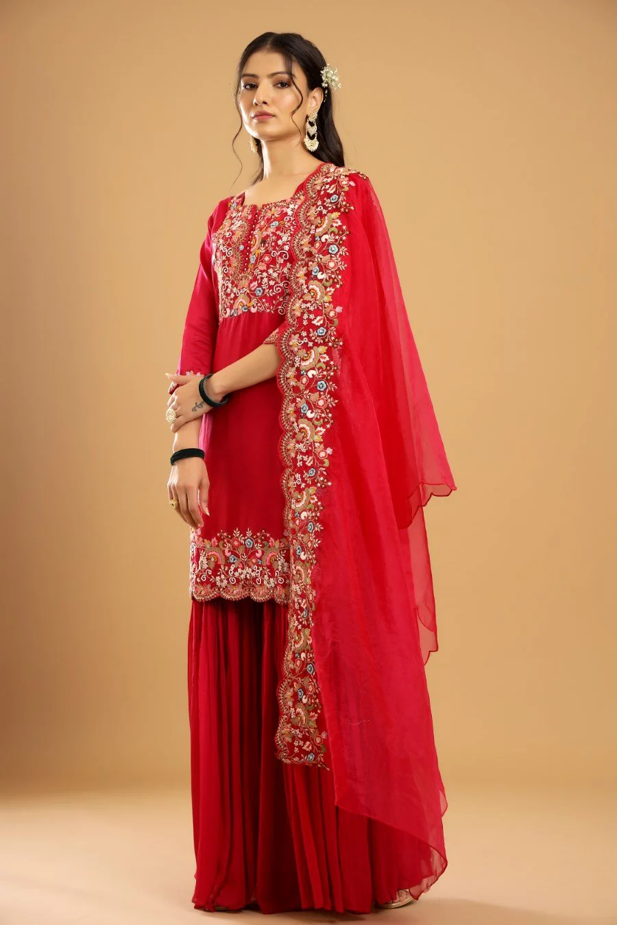 Rani Pink Modal Chanderi Embroidered Sharara Set - Image 5