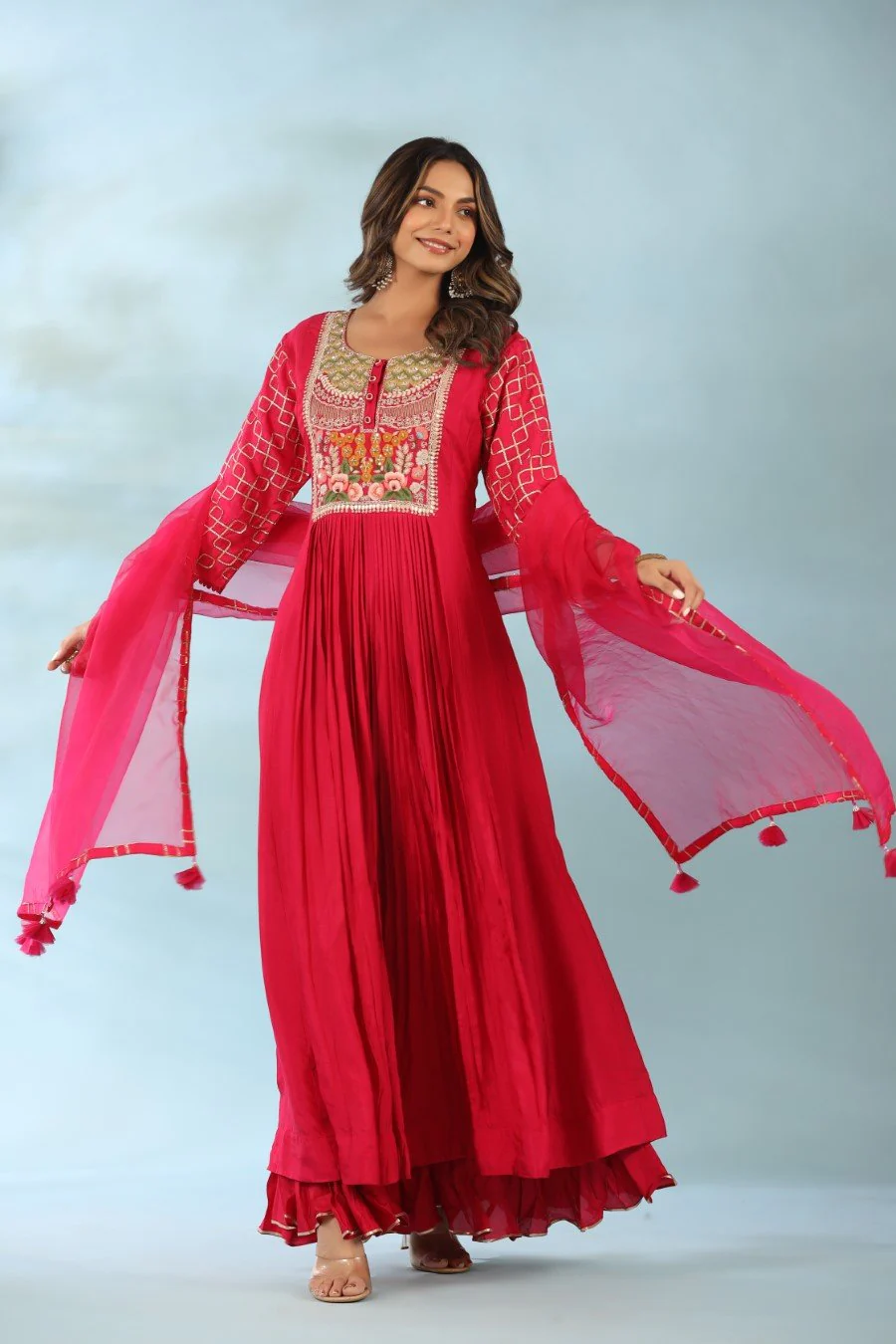 Rani Pink Modal Silk Anarkali with Dupatta - Image 3