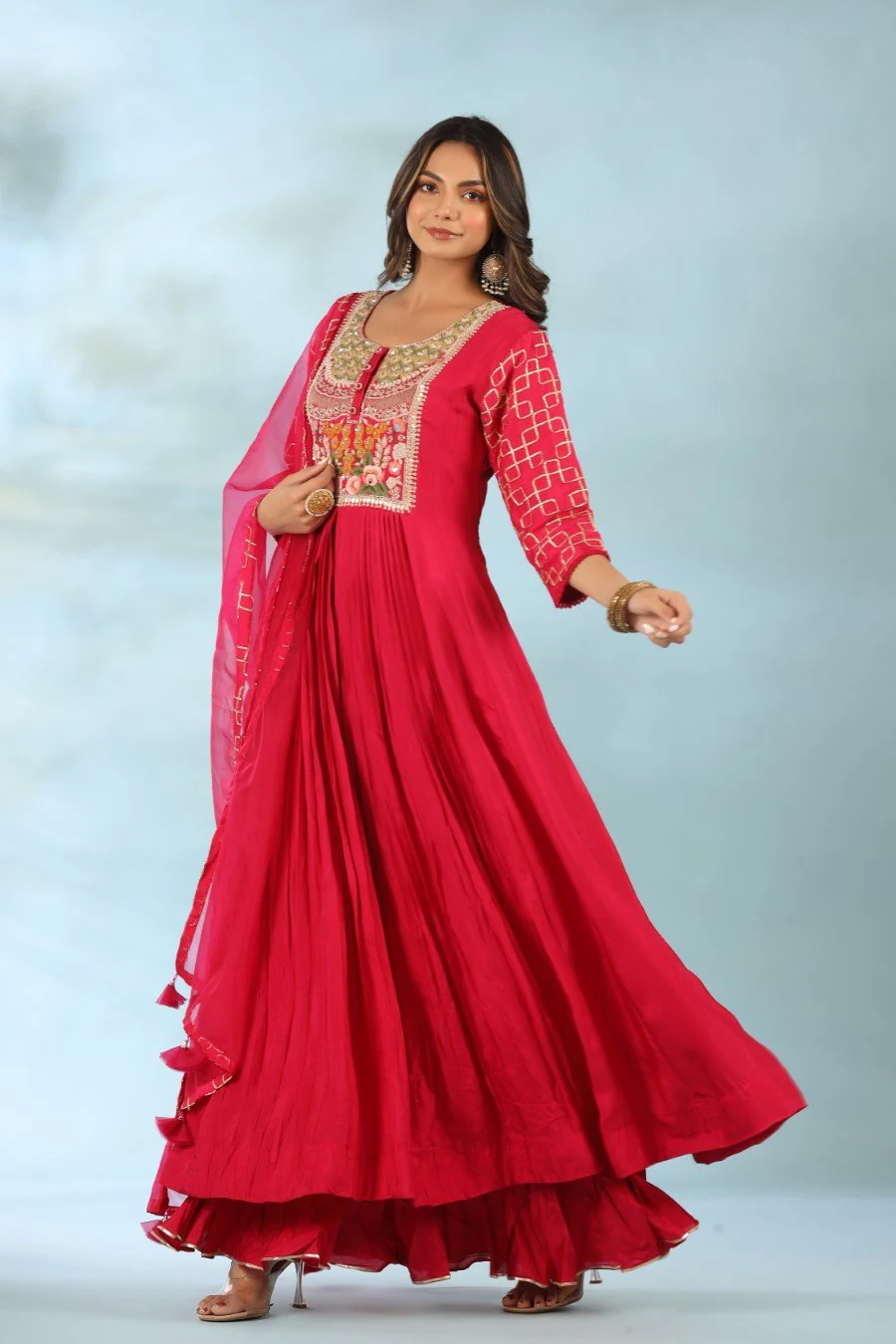 Rani Pink Modal Silk Anarkali with Dupatta - Image 4
