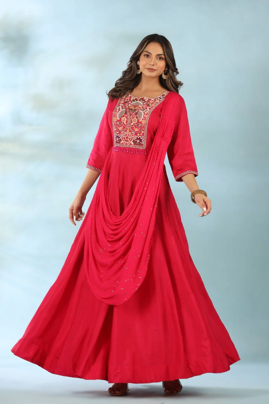 Rani Pink Modal Silk Draped Anarkali - Image 3