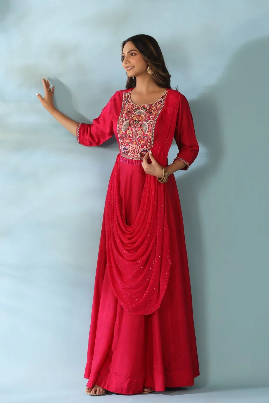 Rani Pink Modal Silk Draped Anarkali - Image 4
