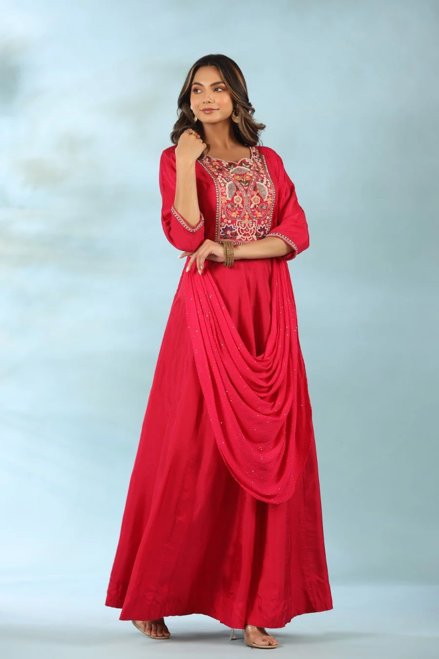 Rani Pink Modal Silk Draped Anarkali - Image 6