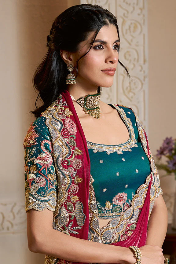 Raspberry Embellished Satin Silk Saree - Image 2