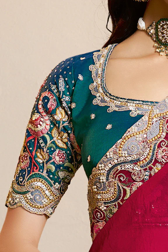 Raspberry Embellished Satin Silk Saree - Image 3