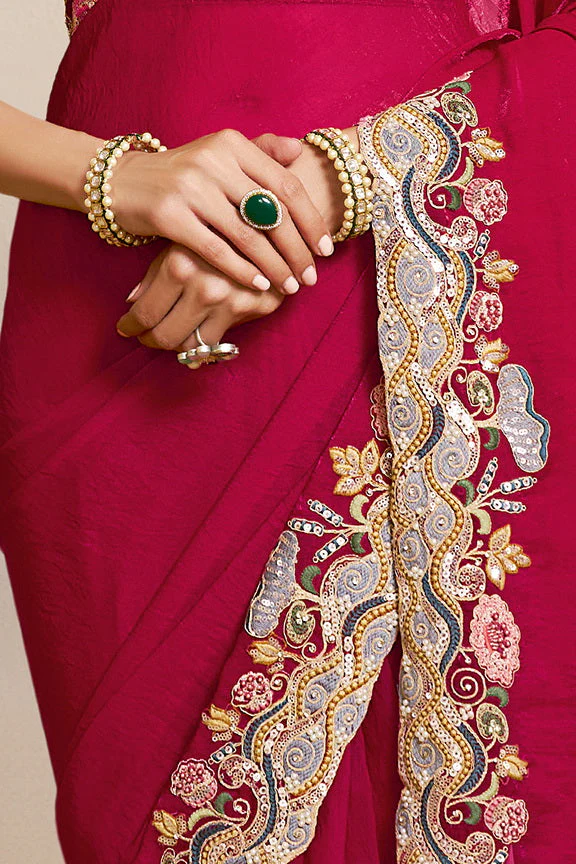 Raspberry Embellished Satin Silk Saree - Image 4