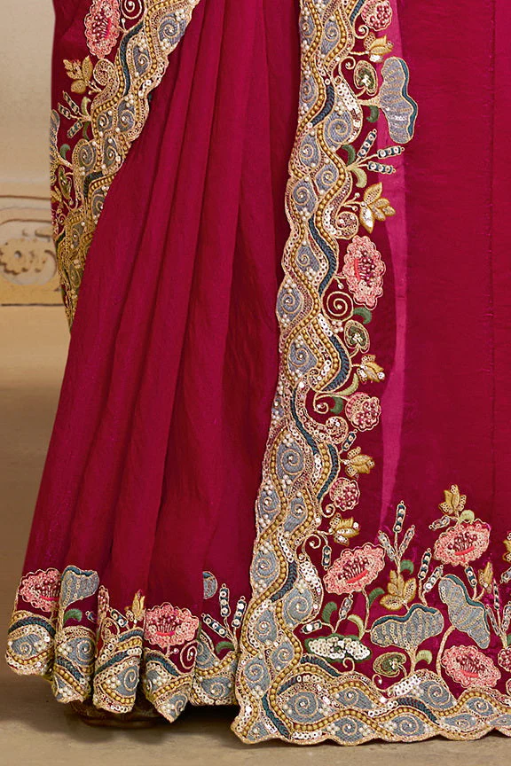 Raspberry Embellished Satin Silk Saree - Image 5