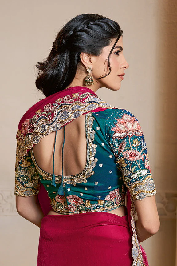 Raspberry Embellished Satin Silk Saree - Image 6