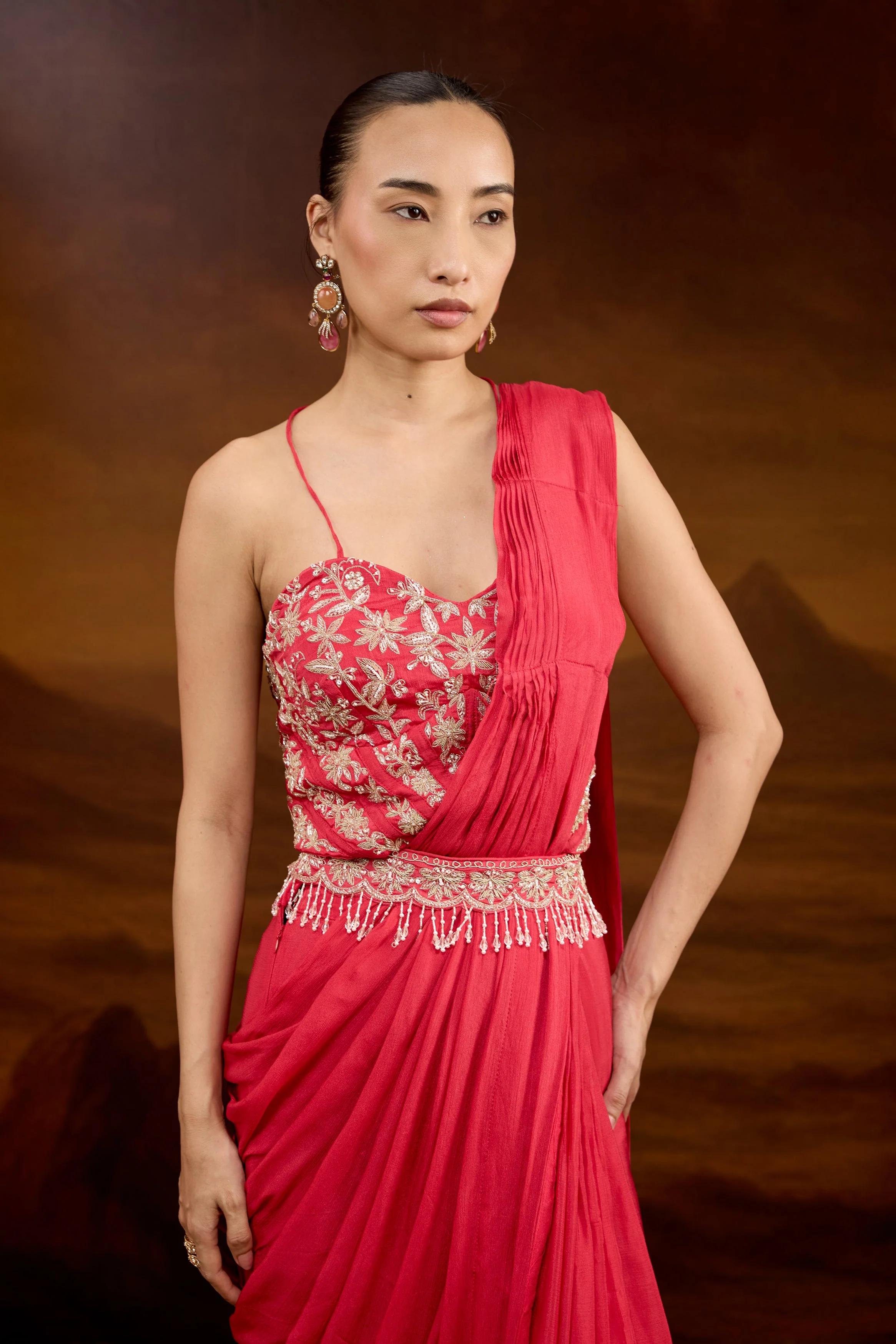 Raspberry Pink Embellished Chinon Silk Draped Saree - Image 3
