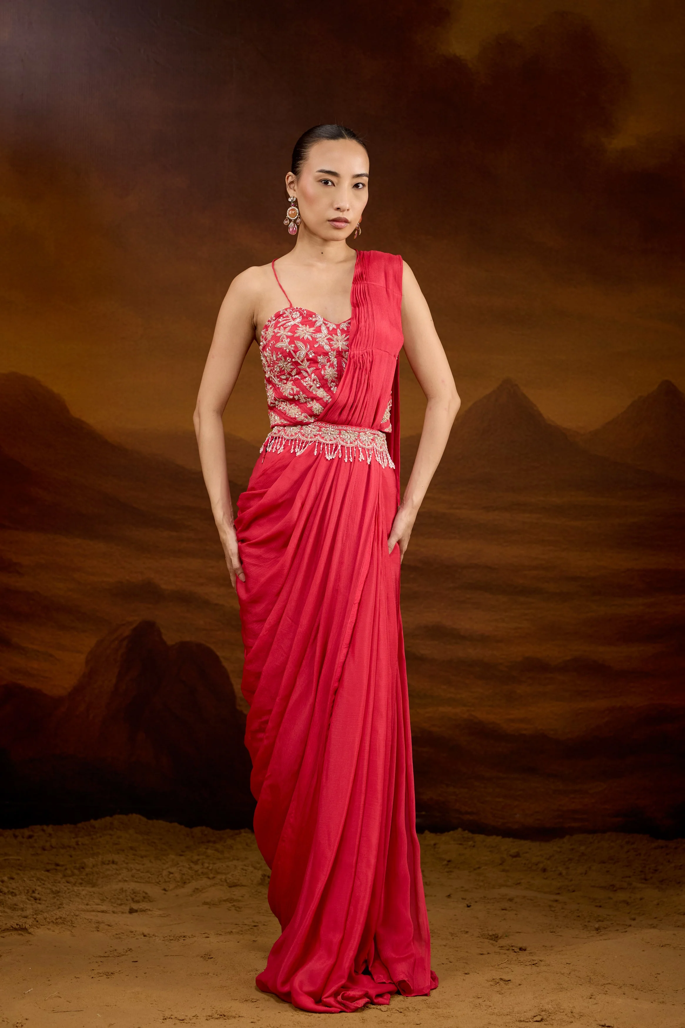 Raspberry Pink Embellished Chinon Silk Draped Saree - Image 4