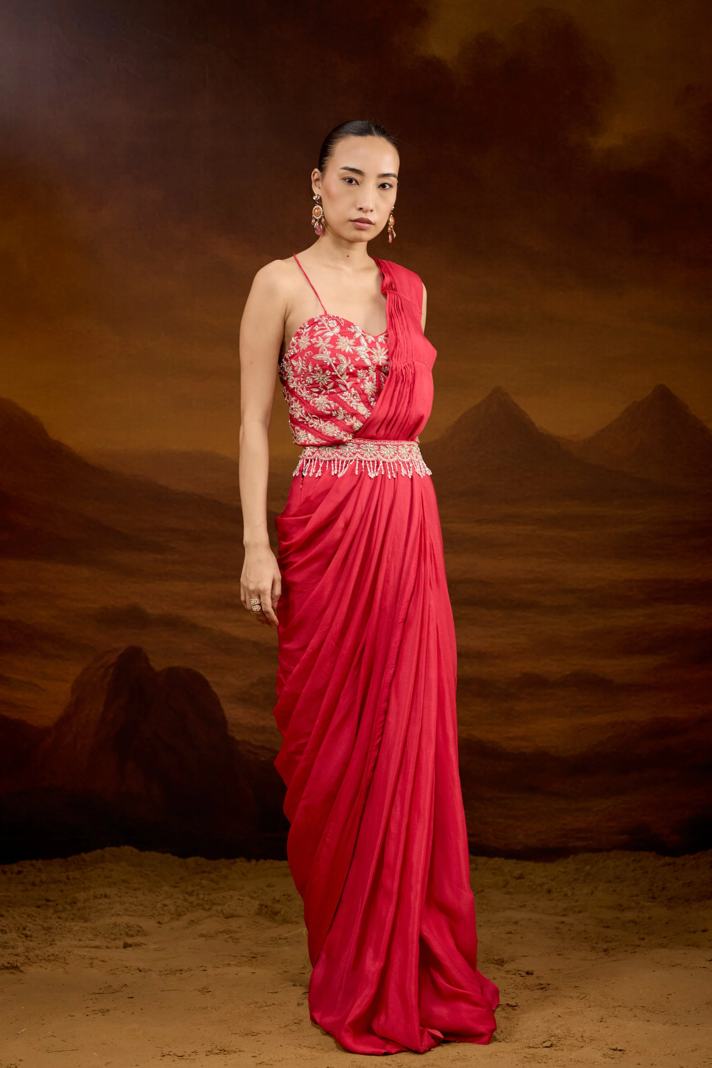 Raspberry Pink Embellished Chinon Silk Draped Saree - Image 5