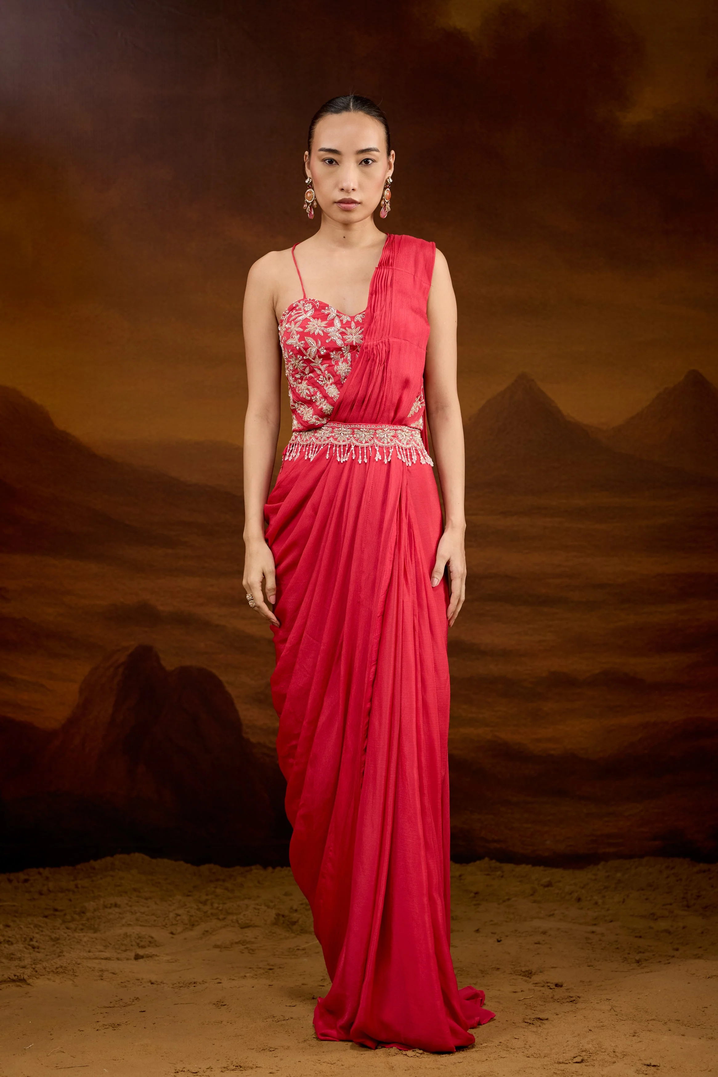 Raspberry Pink Embellished Chinon Silk Draped Saree - Image 7
