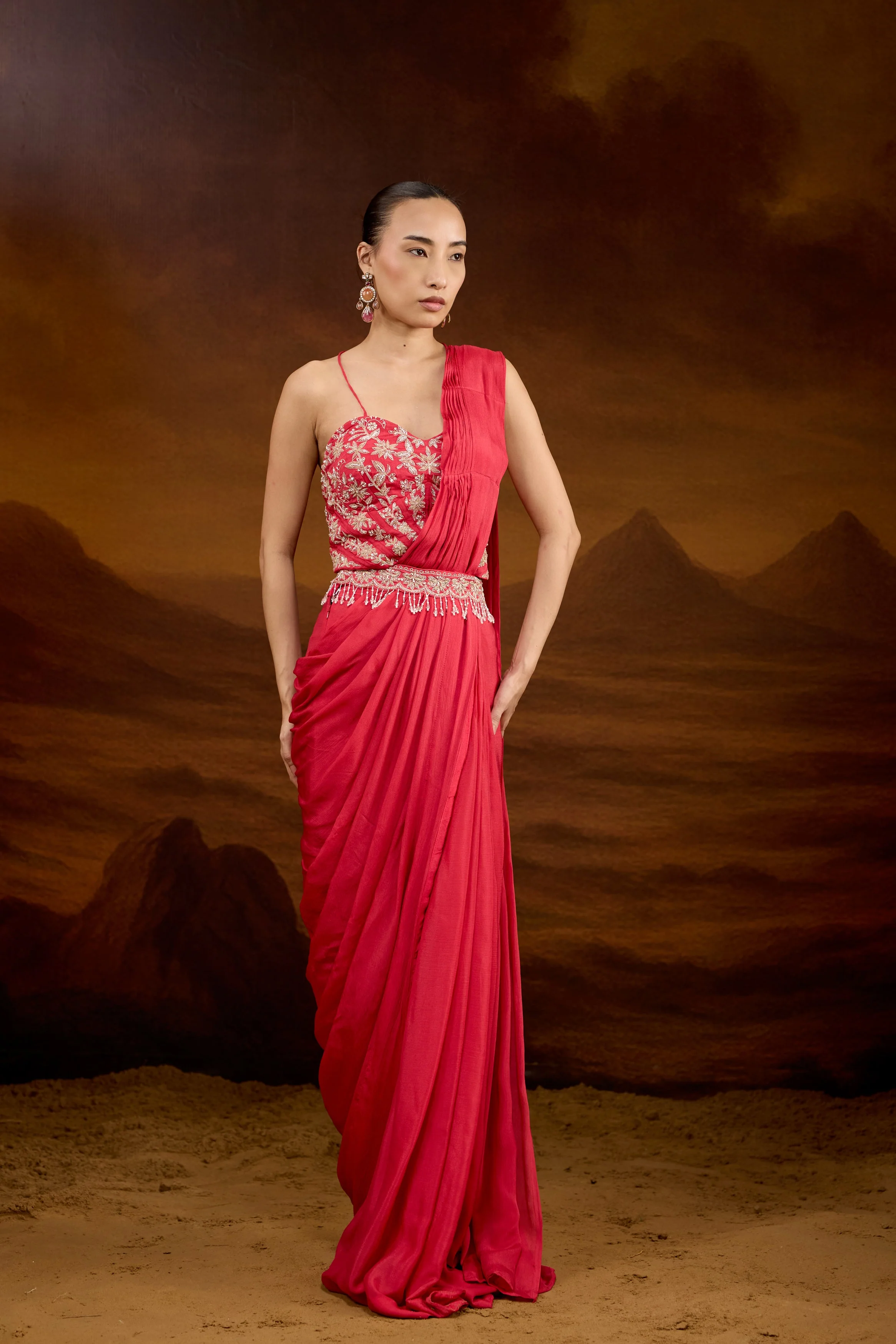 Raspberry Pink Embellished Chinon Silk Draped Saree - Image 8