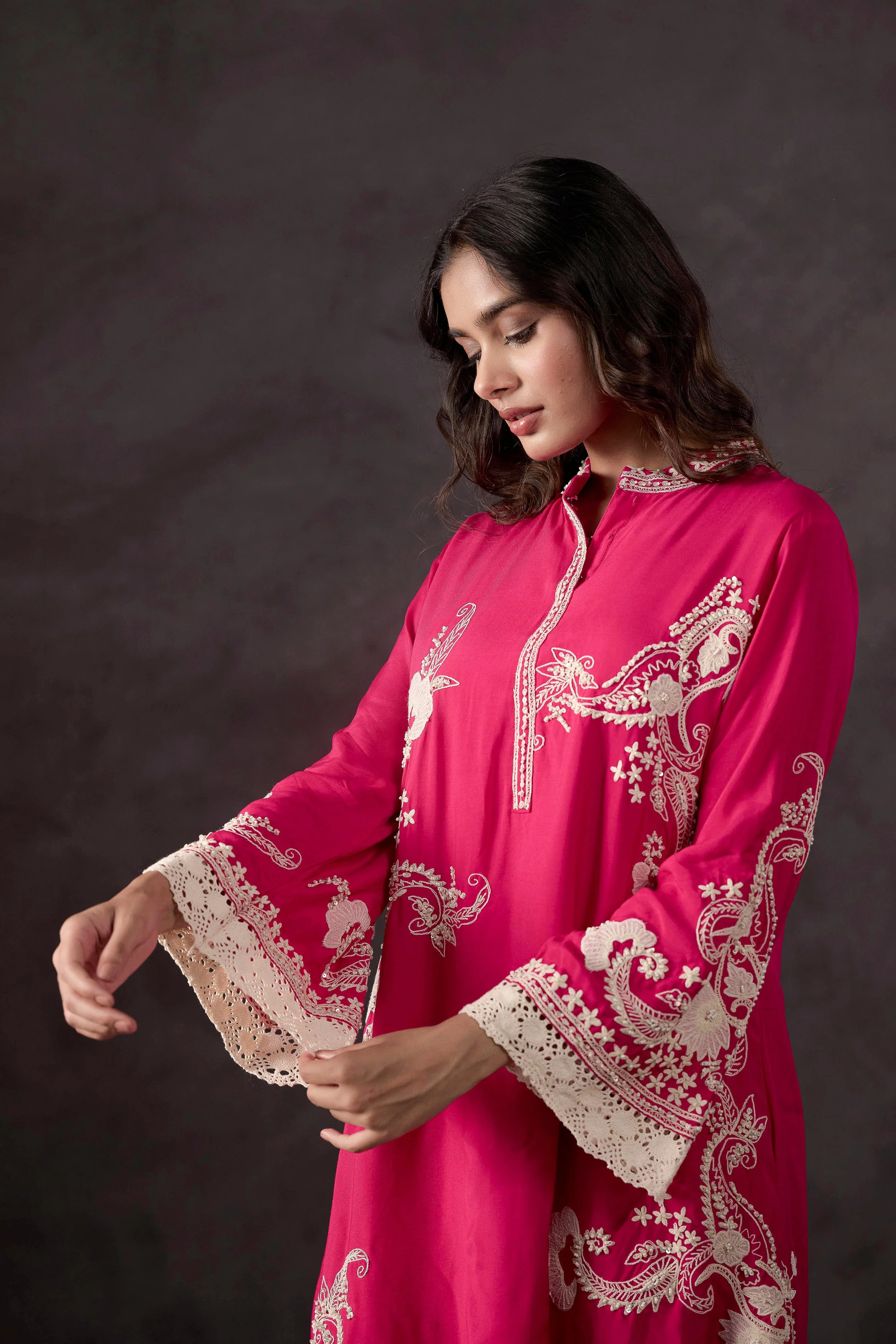 Raspberry Pink Embellished Crepe Silk Co-Ord Set - Image 2