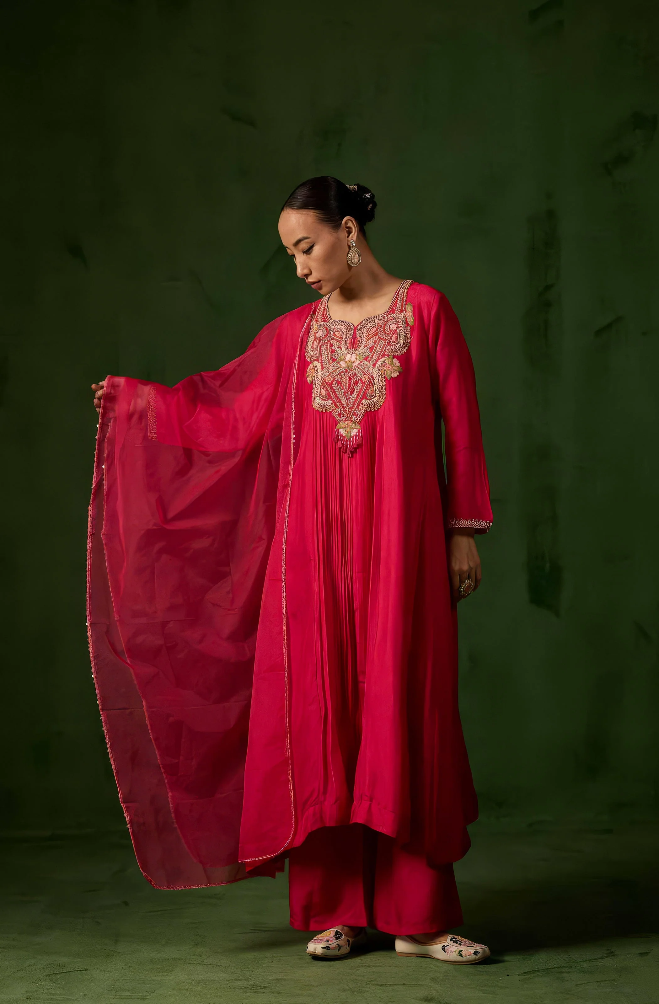 Raspberry Pink Embellished Raw Silk Palazzo Set - Image 4