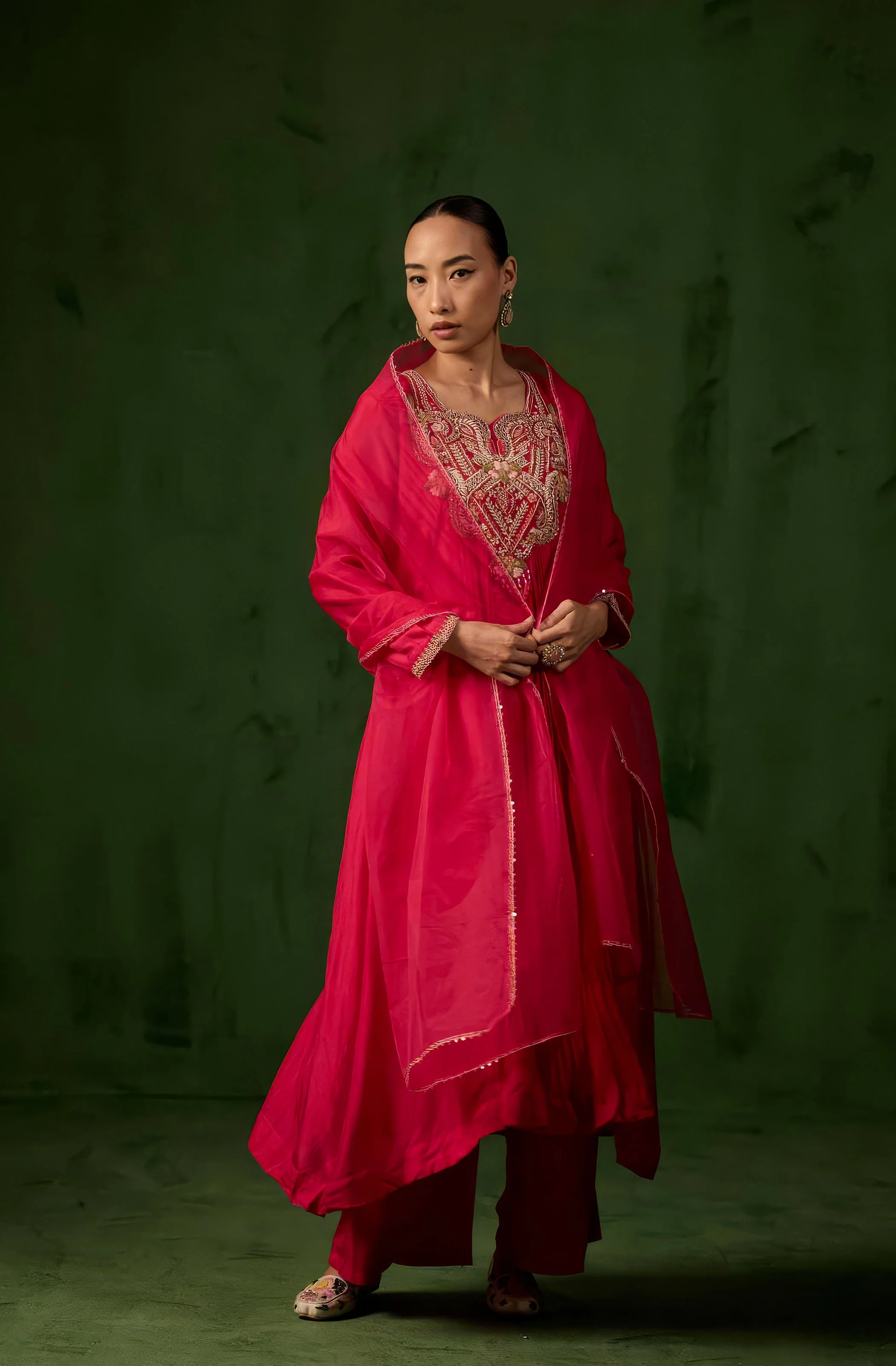 Raspberry Pink Embellished Raw Silk Palazzo Set - Image 5