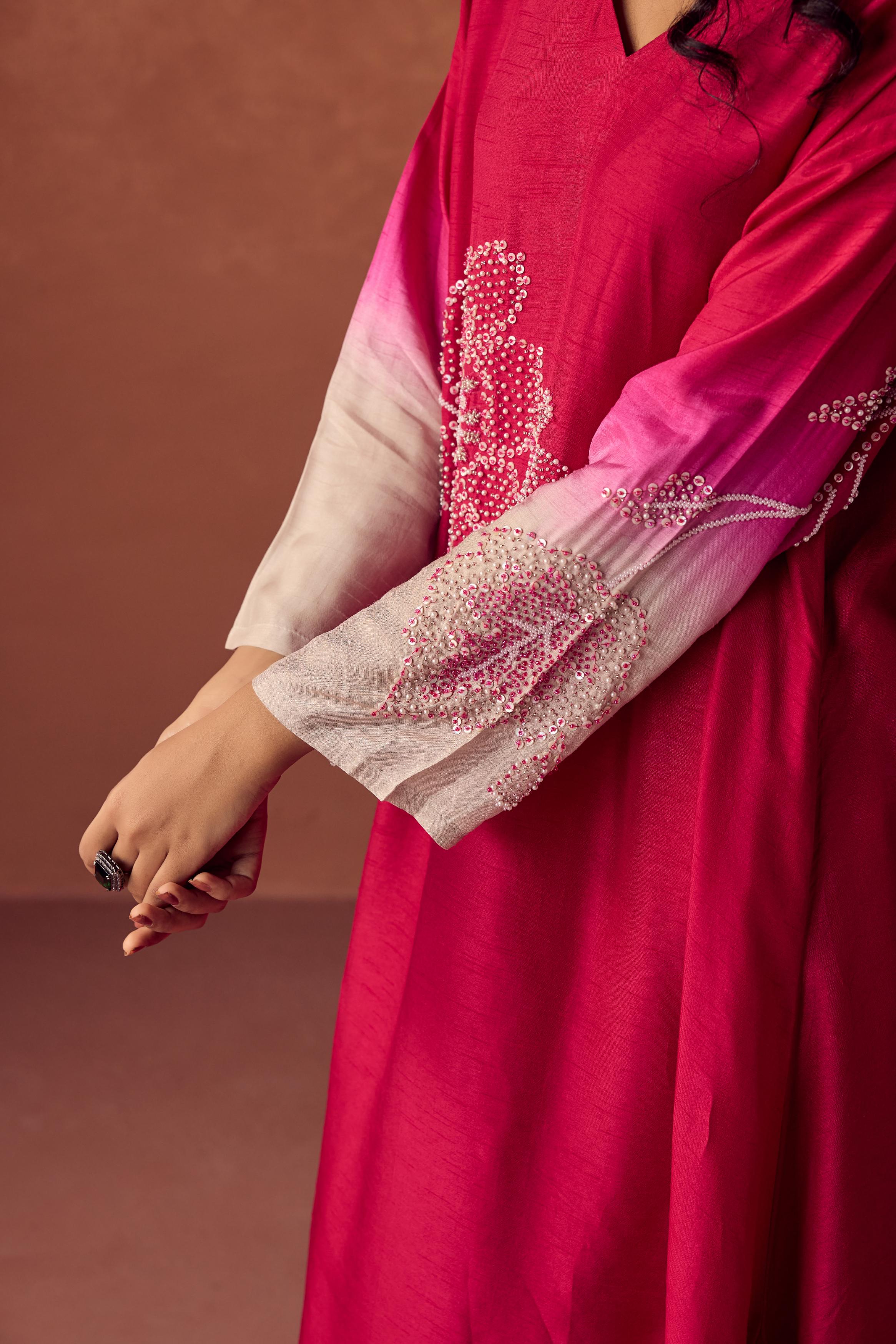 Raspberry Pink Embellished Raw Silk Kurta Set - Image 3