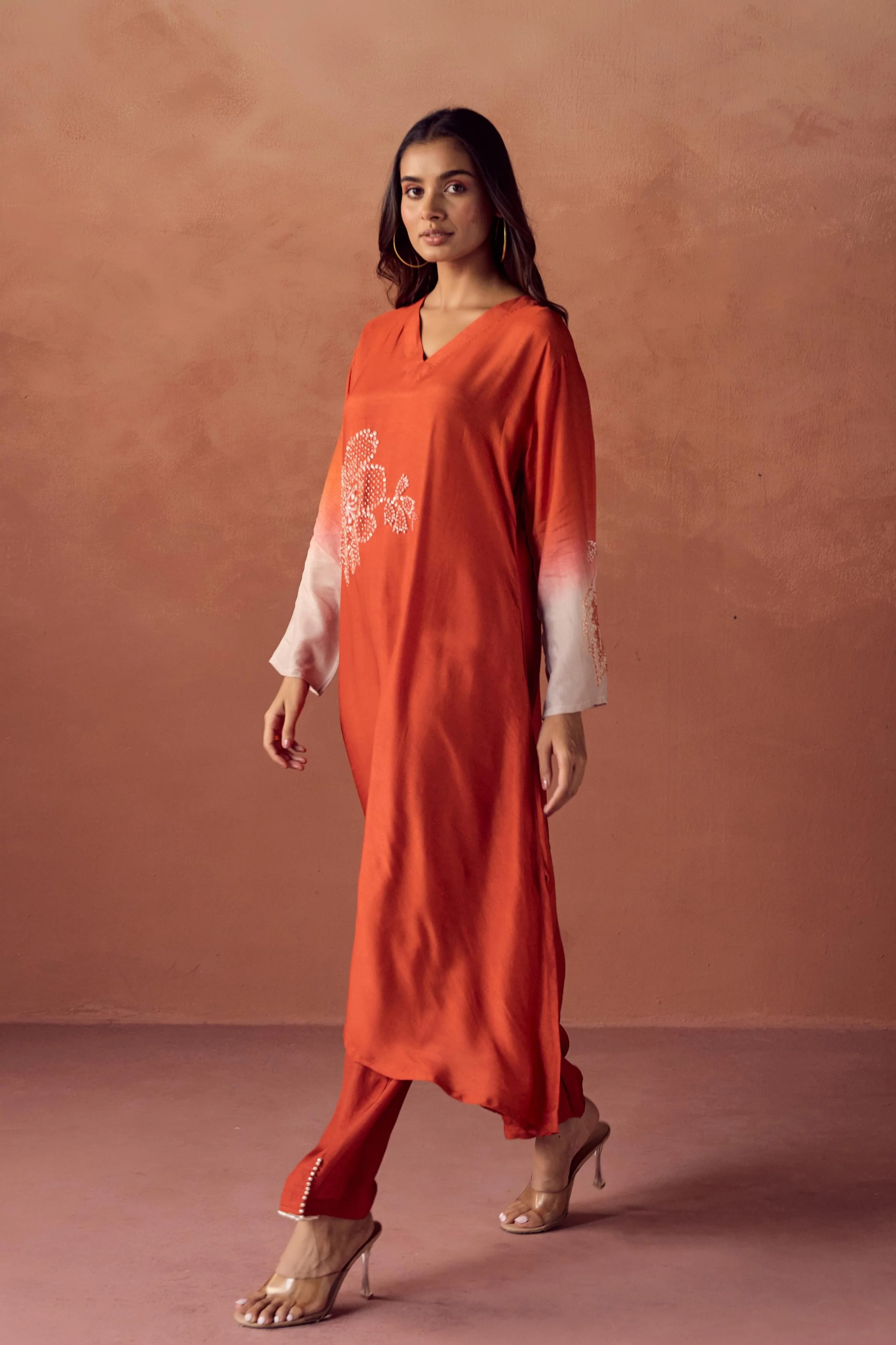 Sunset Orange Embellished Raw Silk Pant Set