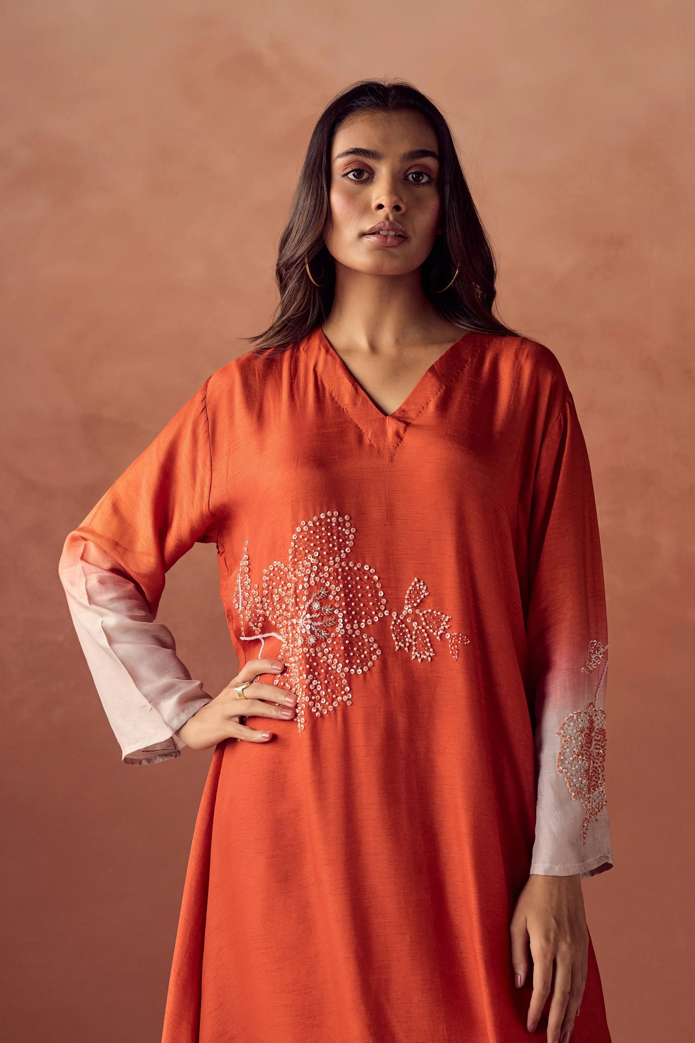 Sunset Orange Embellished Raw Silk Pant Set - Image 2