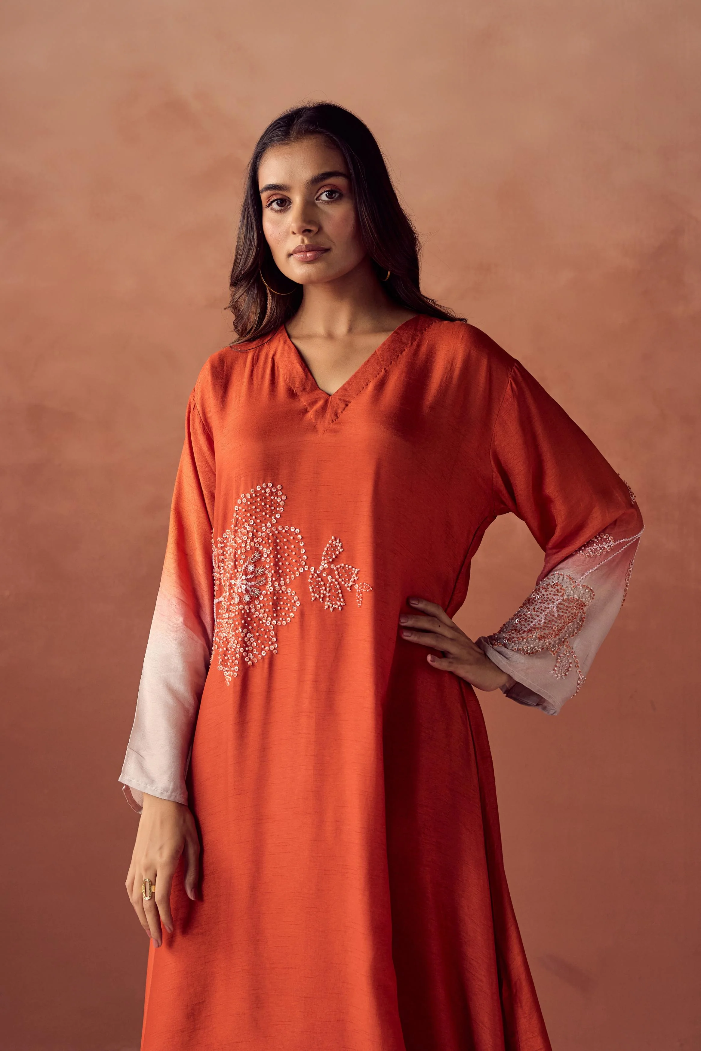 Sunset Orange Embellished Raw Silk Pant Set - Image 3