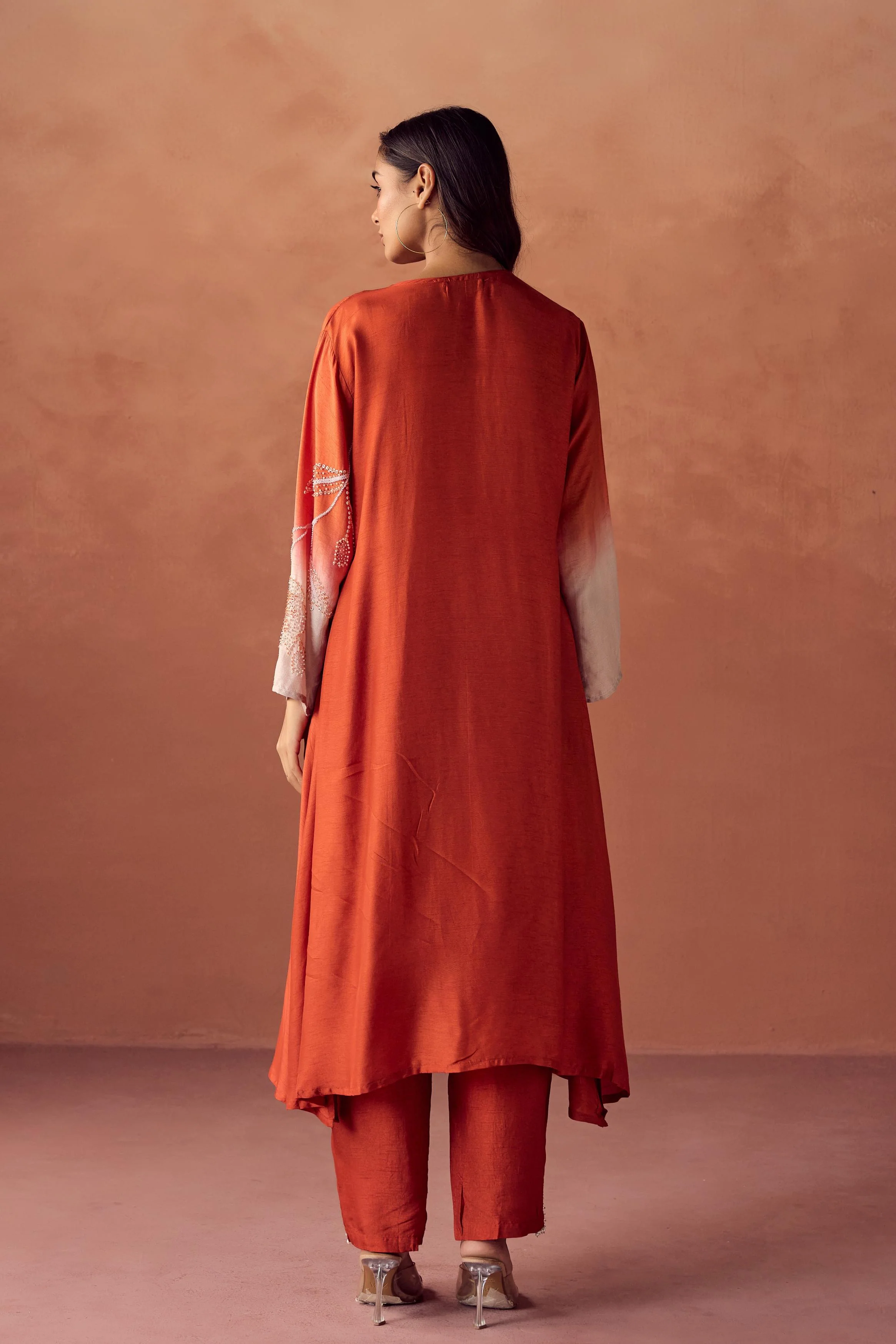 Sunset Orange Embellished Raw Silk Pant Set - Image 4