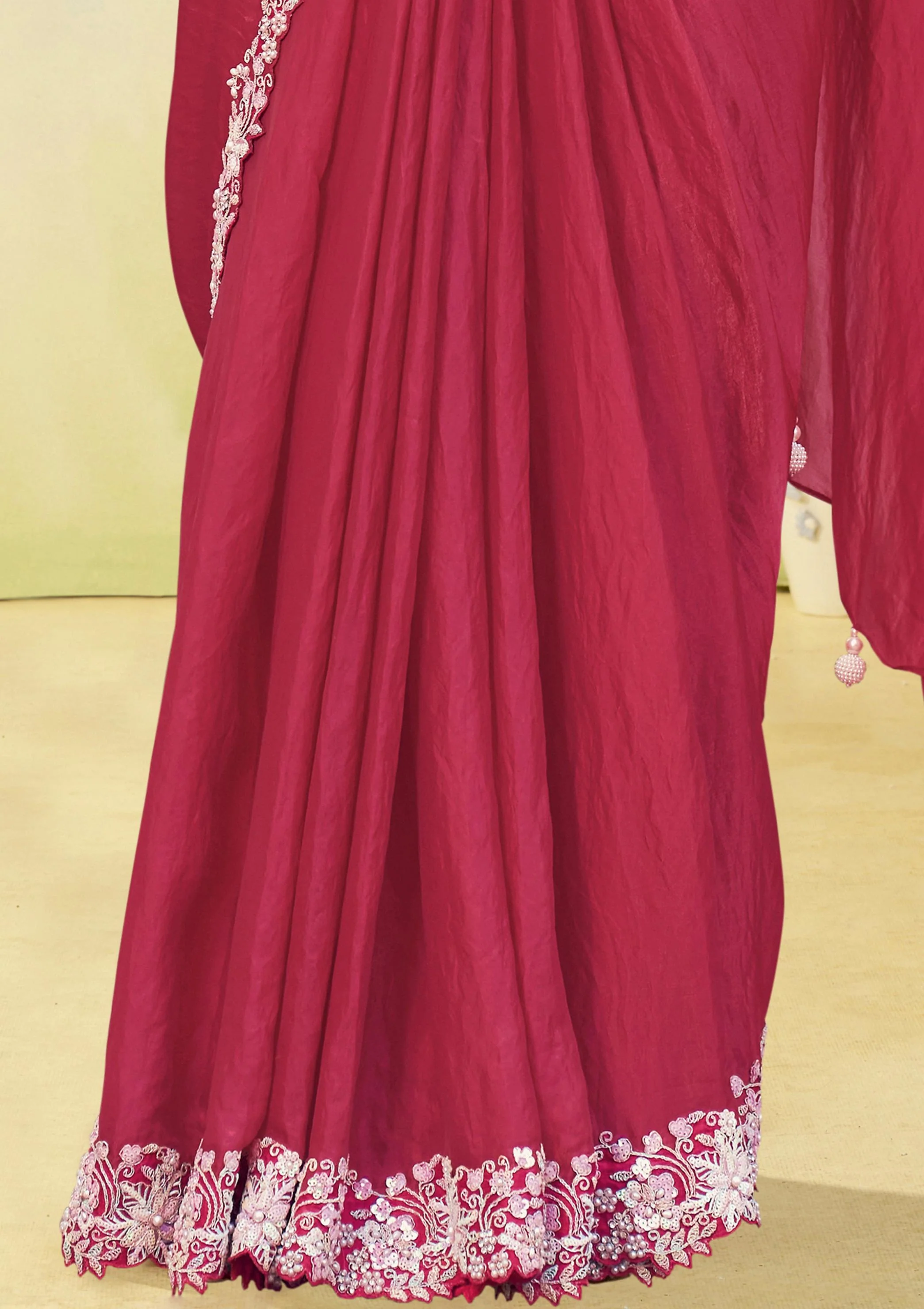Carrot Pink Embellished Satin Silk Draped Saree - Image 3